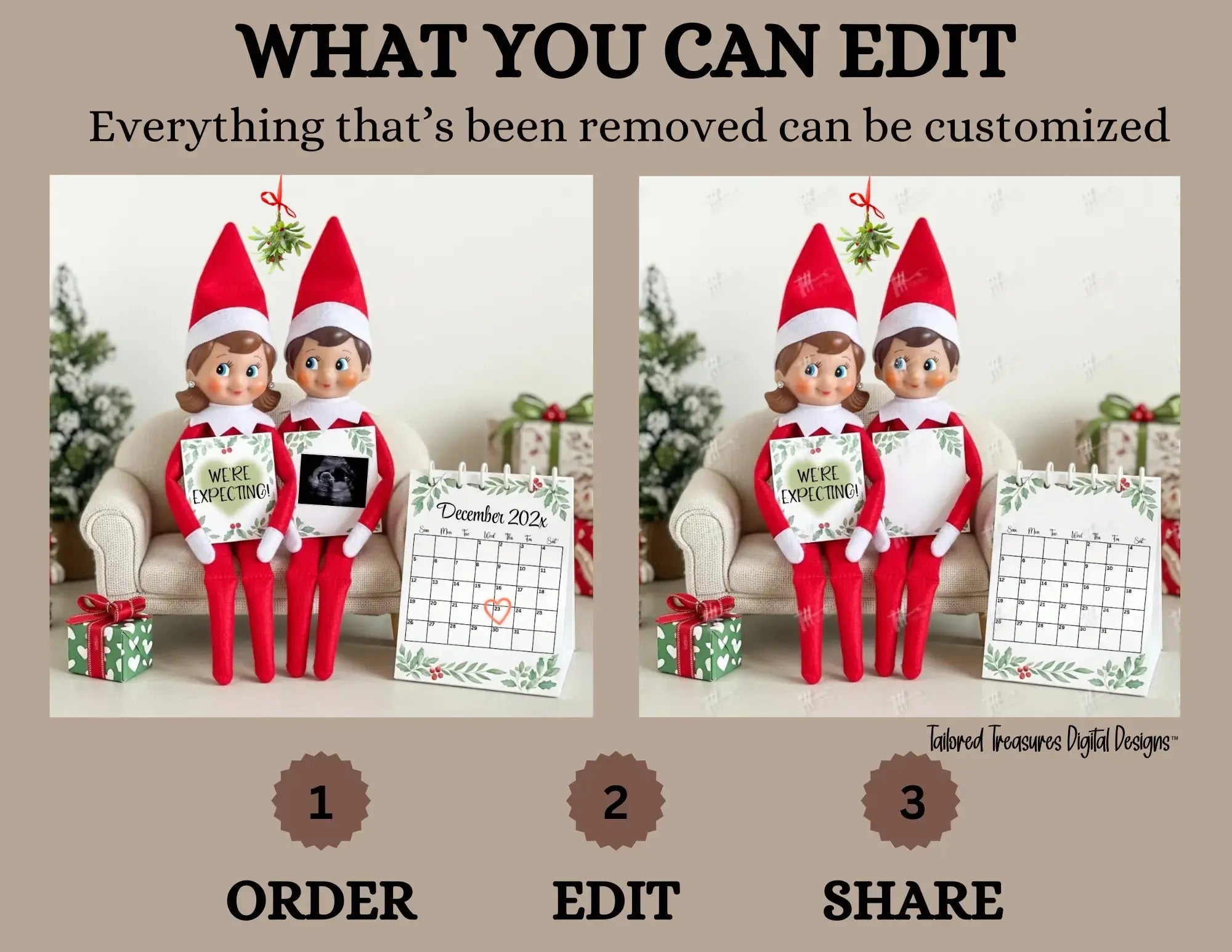 We're Expecting, Elf Shelf Digital Pregnancy Announcement, Christmas Customizable Editable Template - TailoredTreasuresDigitalDesigns™