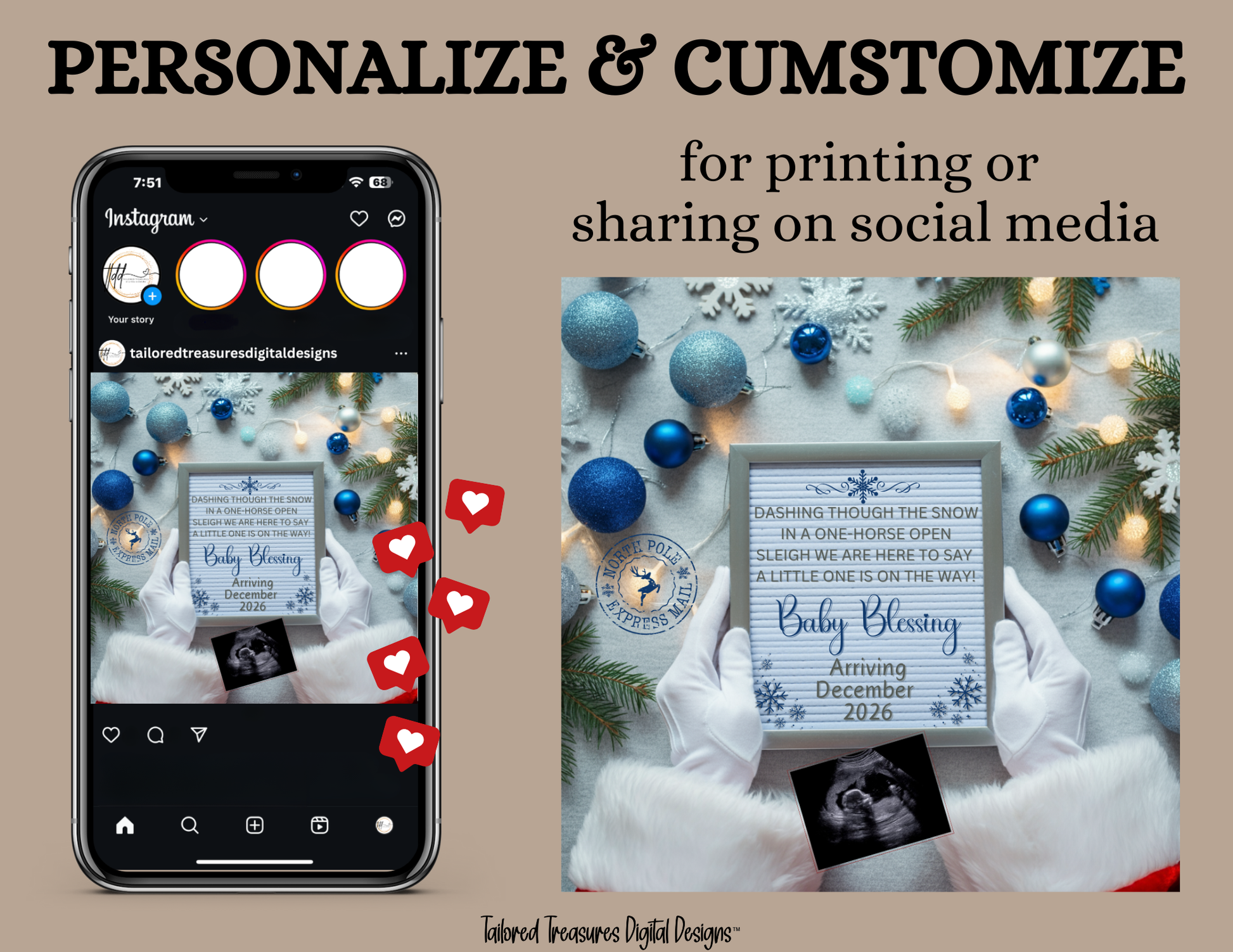 Digital Christmas Pregnancy Announcement, A Little One is on the Way, Customizable Blue Winter Themed, Personalized Editable Template TailoredTreasuresDigitalDesigns™