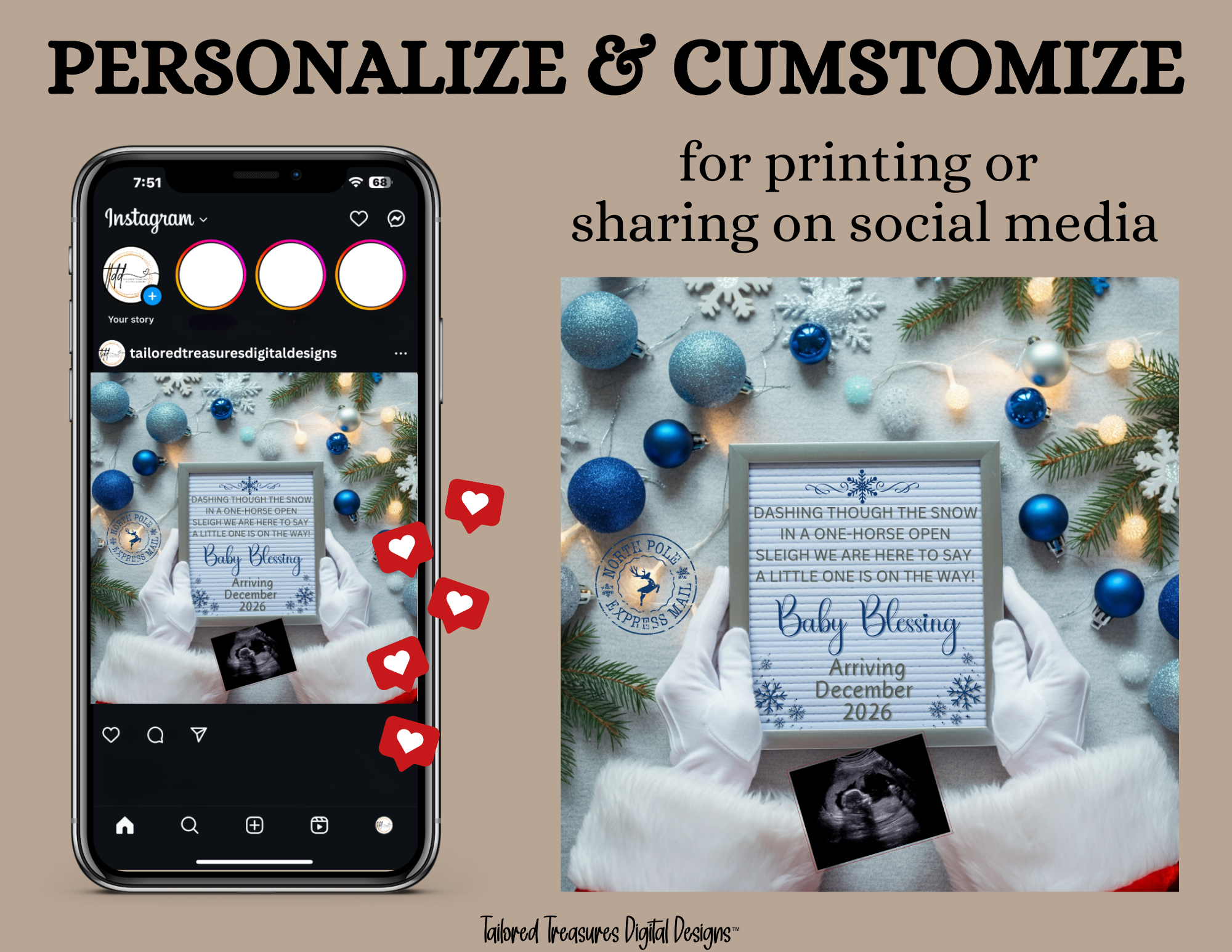 Digital Christmas Pregnancy Announcement, A Little One is on the Way, Customizable Blue Winter Themed, Personalized Editable Template TailoredTreasuresDigitalDesigns™