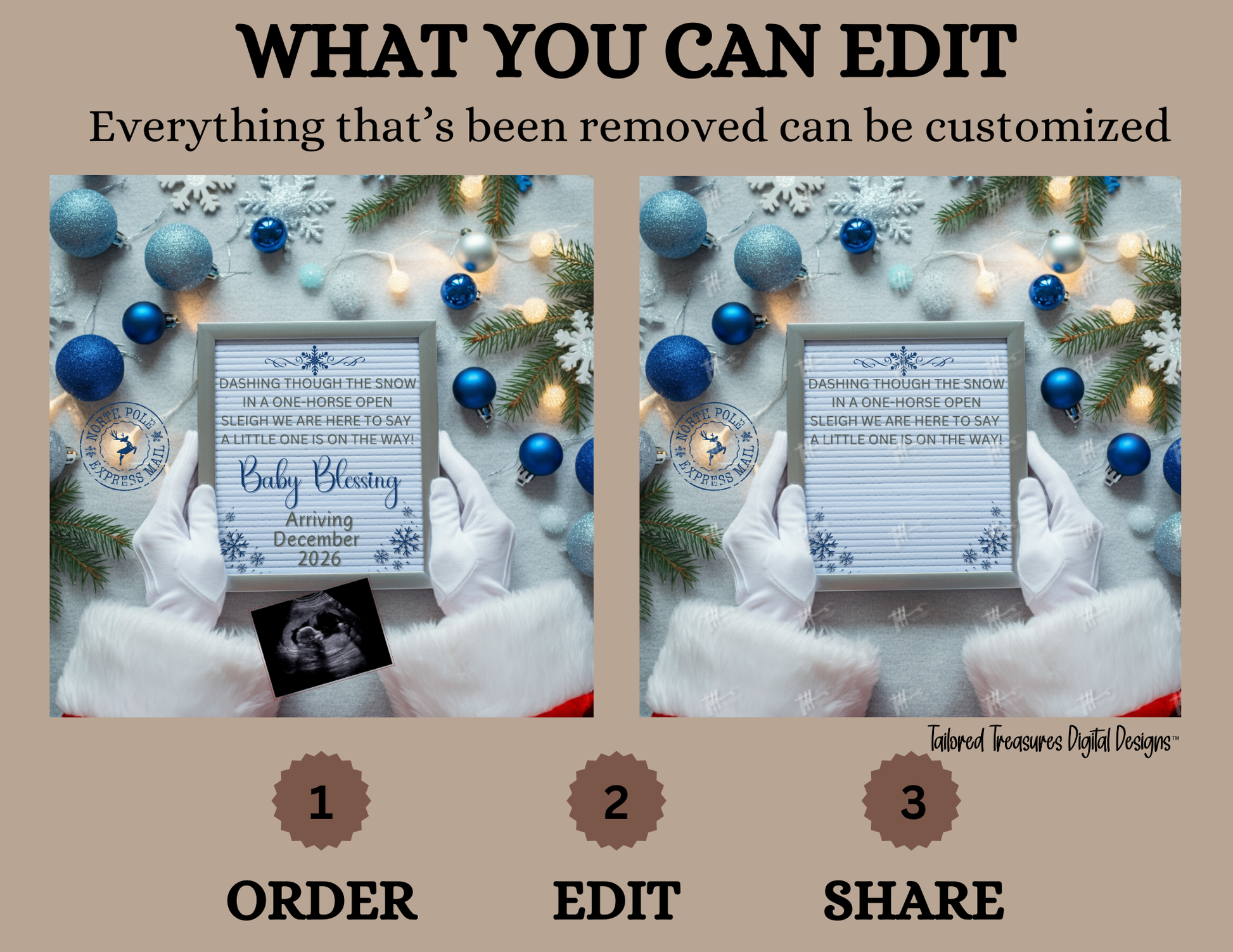 Digital Christmas Pregnancy Announcement, A Little One is on the Way, Customizable Blue Winter Themed, Personalized Editable Template TailoredTreasuresDigitalDesigns™