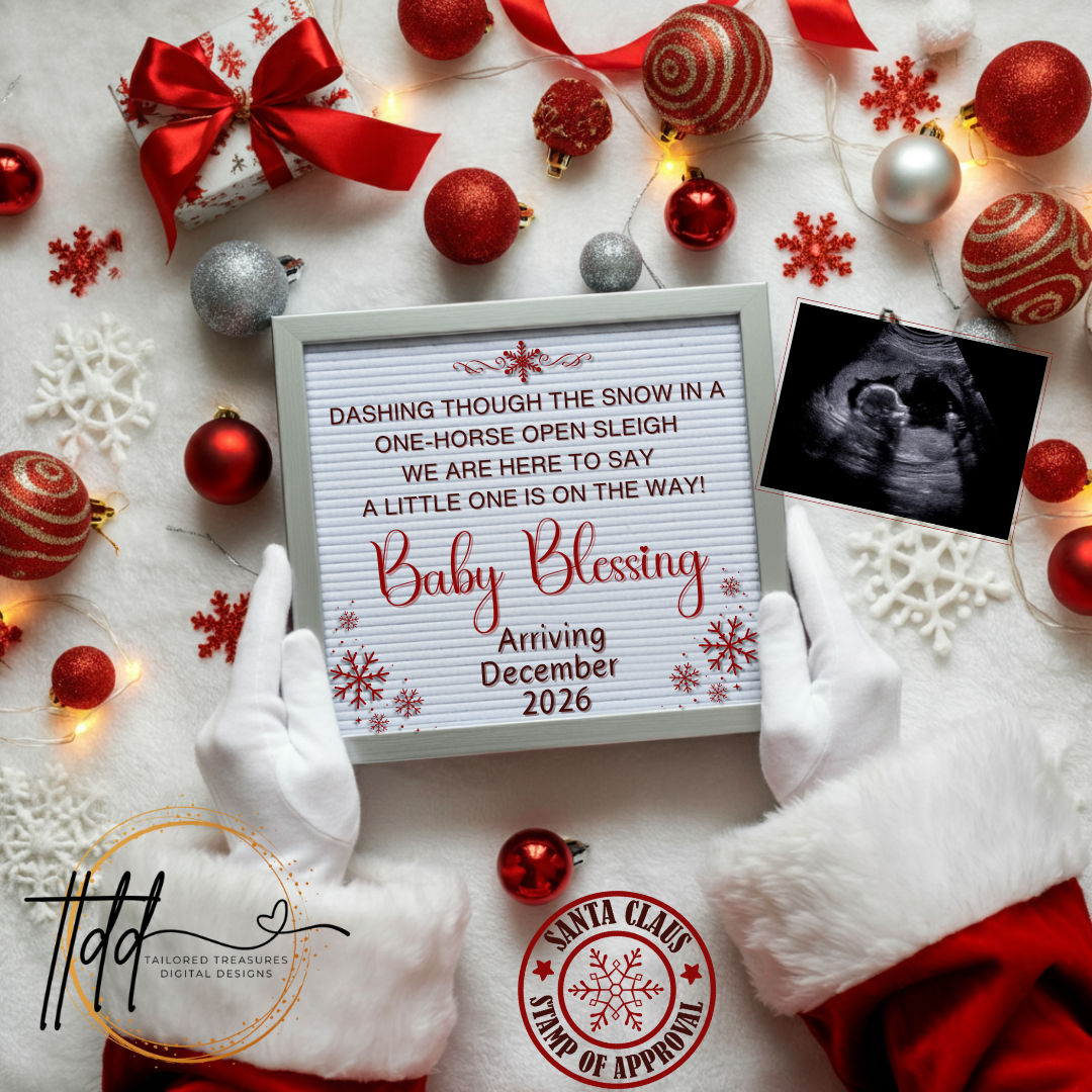 Digital Christmas Pregnancy Announcement, A Little One ison the Way, Customizable Gold Winter Themed, Personalized Editable Template TailoredTreasuresDigitalDesigns™