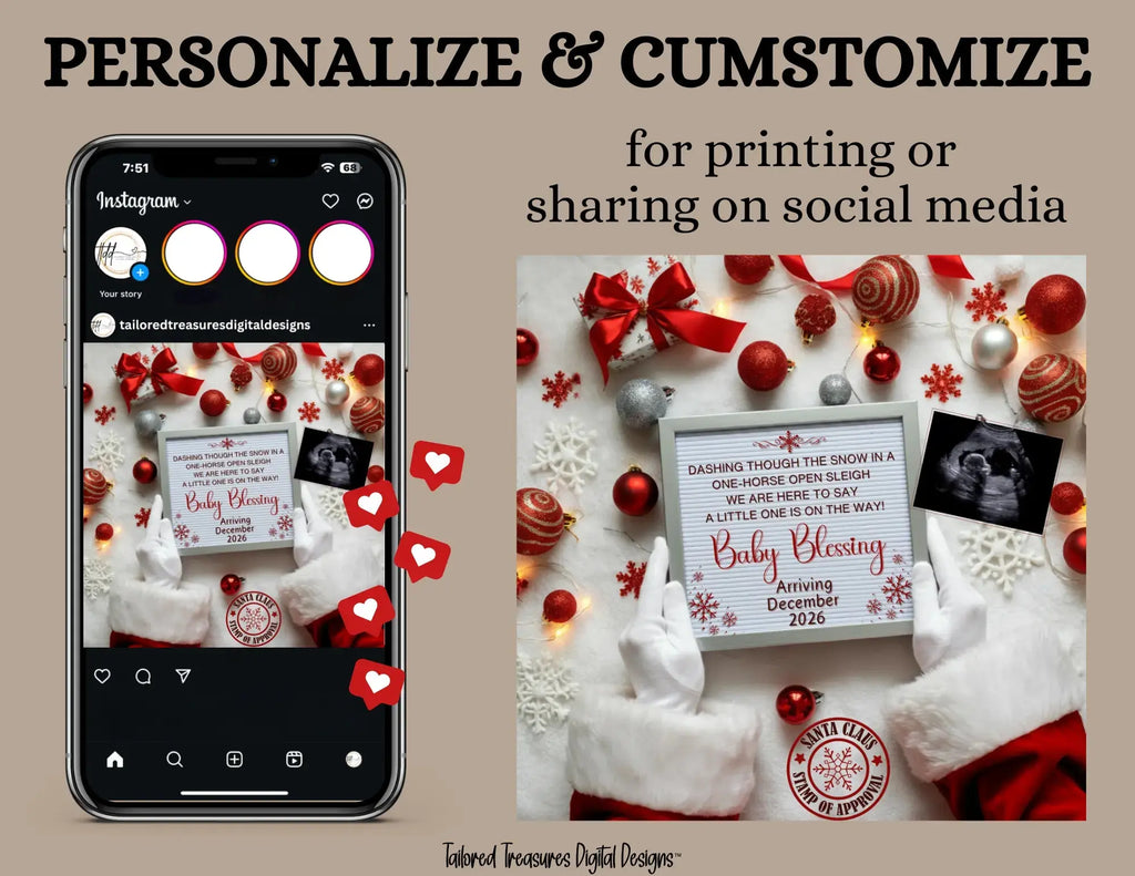 Digital Christmas Pregnancy Announcement, A Little One ison the Way, Customizable Gold Winter Themed, Personalized Editable Template TailoredTreasuresDigitalDesigns™