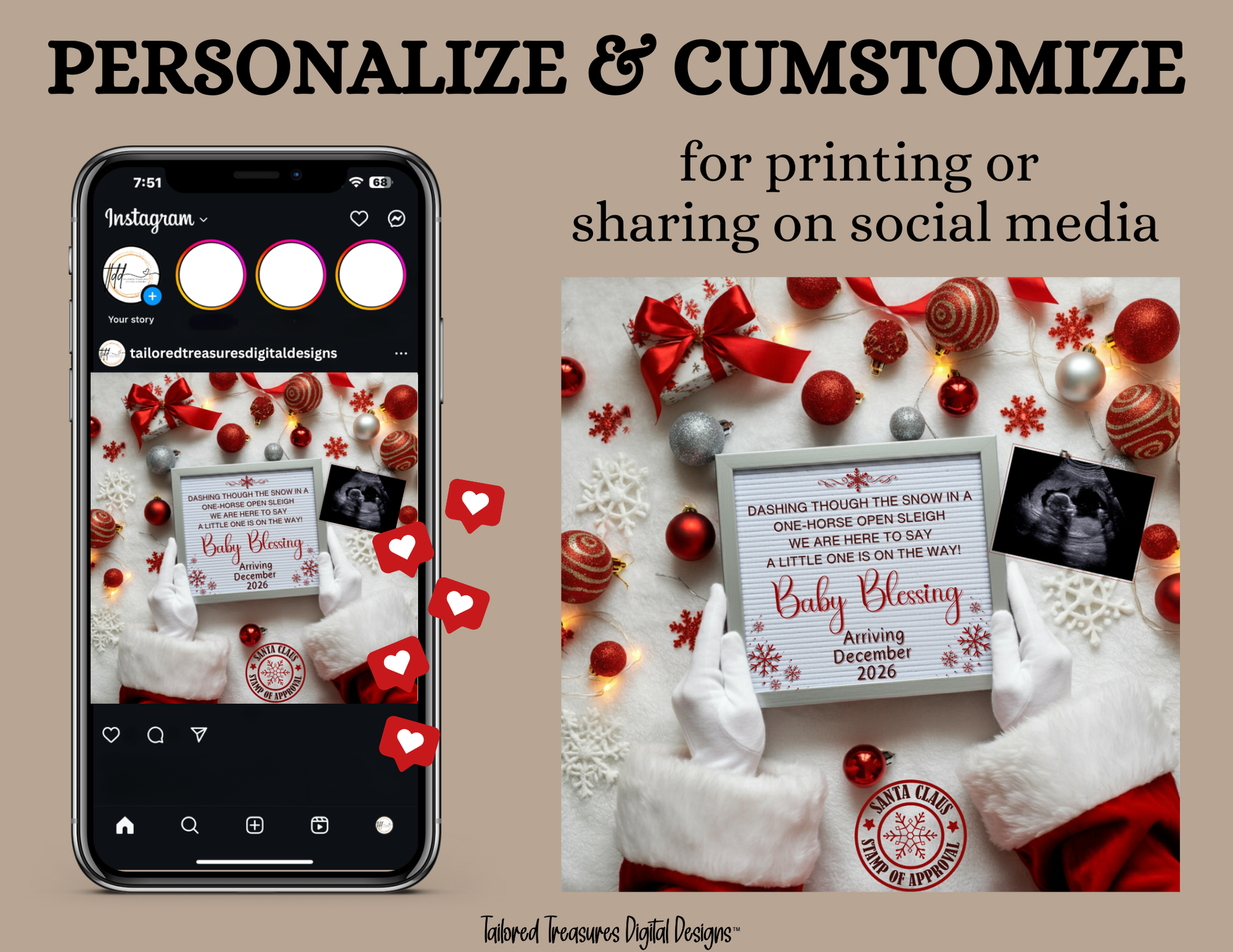 Digital Christmas Pregnancy Announcement, A Little One ison the Way, Customizable Gold Winter Themed, Personalized Editable Template TailoredTreasuresDigitalDesigns™