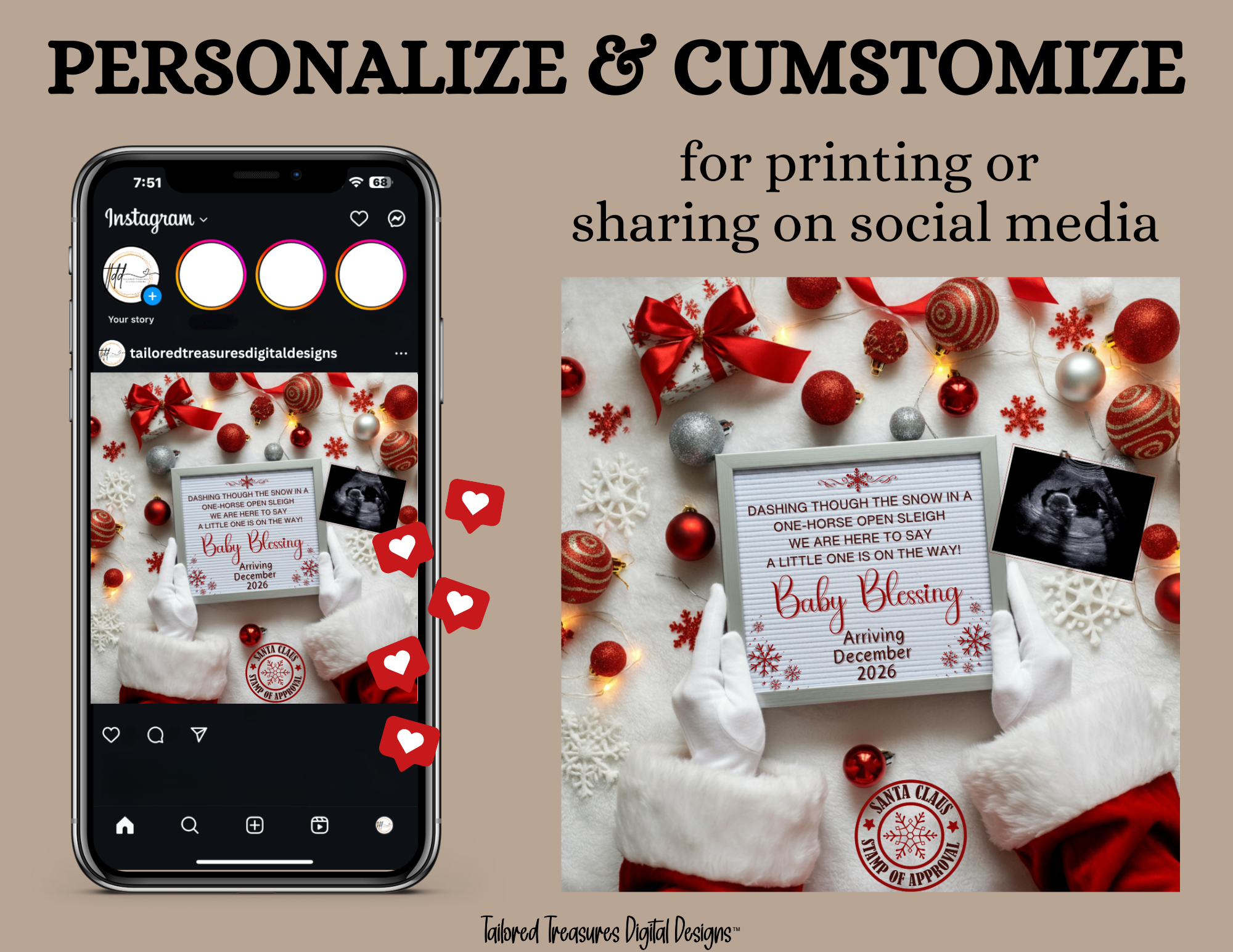 Digital Christmas Pregnancy Announcement, A Little One ison the Way, Customizable Gold Winter Themed, Personalized Editable Template TailoredTreasuresDigitalDesigns™