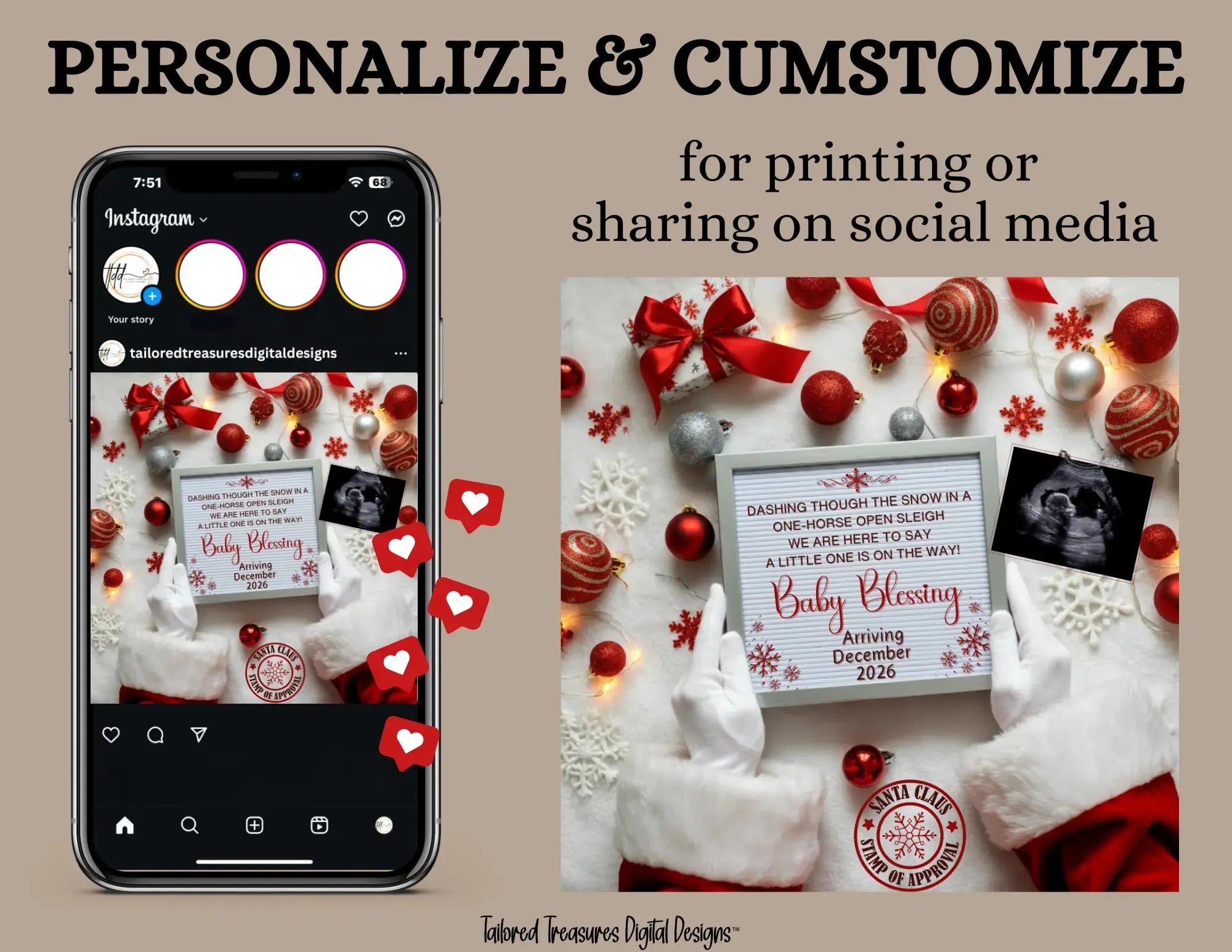Digital Christmas Pregnancy Announcement, A Little One ison the Way, Customizable Gold Winter Themed, Personalized Editable Template TailoredTreasuresDigitalDesigns™