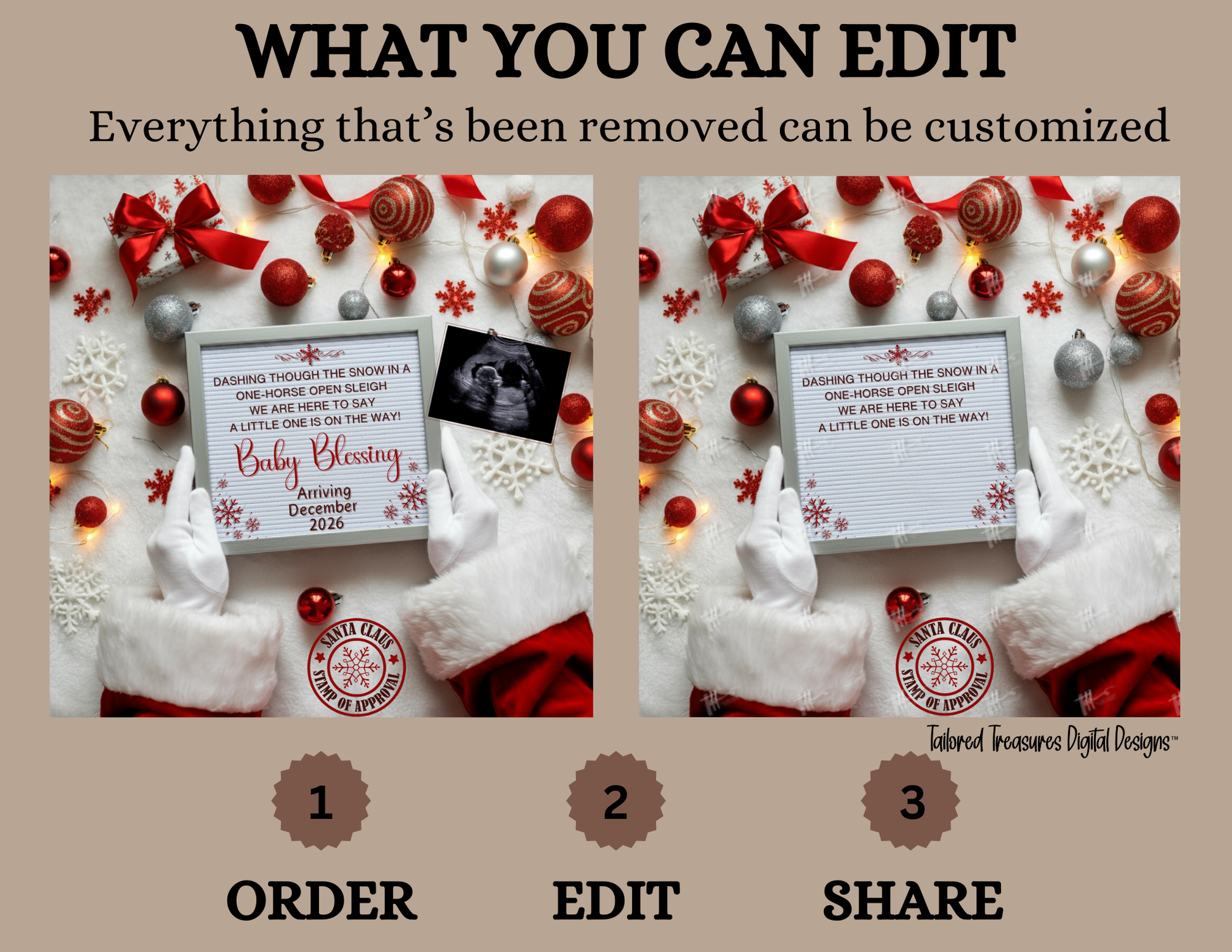 Digital Christmas Pregnancy Announcement, A Little One ison the Way, Customizable Gold Winter Themed, Personalized Editable Template TailoredTreasuresDigitalDesigns™