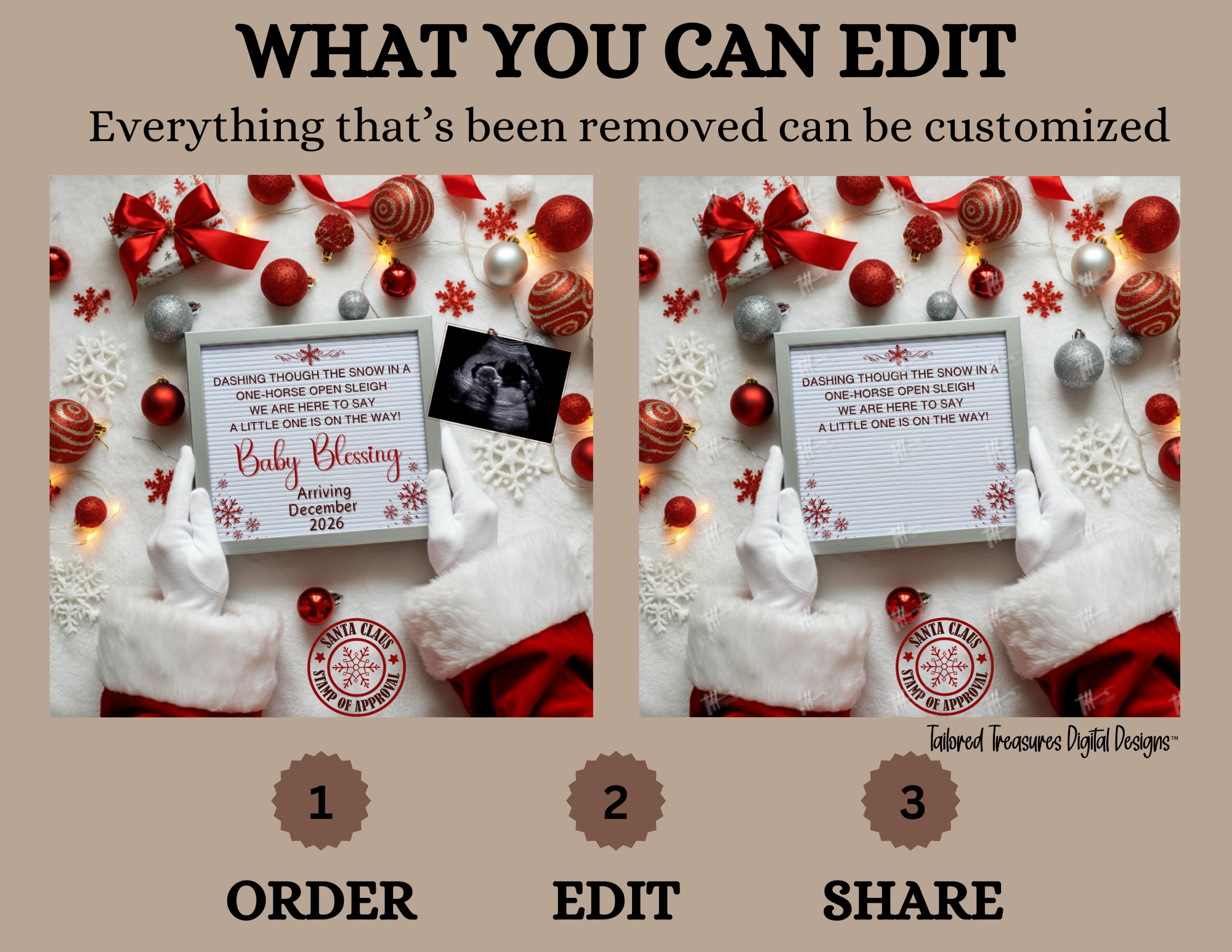 Digital Christmas Pregnancy Announcement, A Little One ison the Way, Customizable Gold Winter Themed, Personalized Editable Template TailoredTreasuresDigitalDesigns™