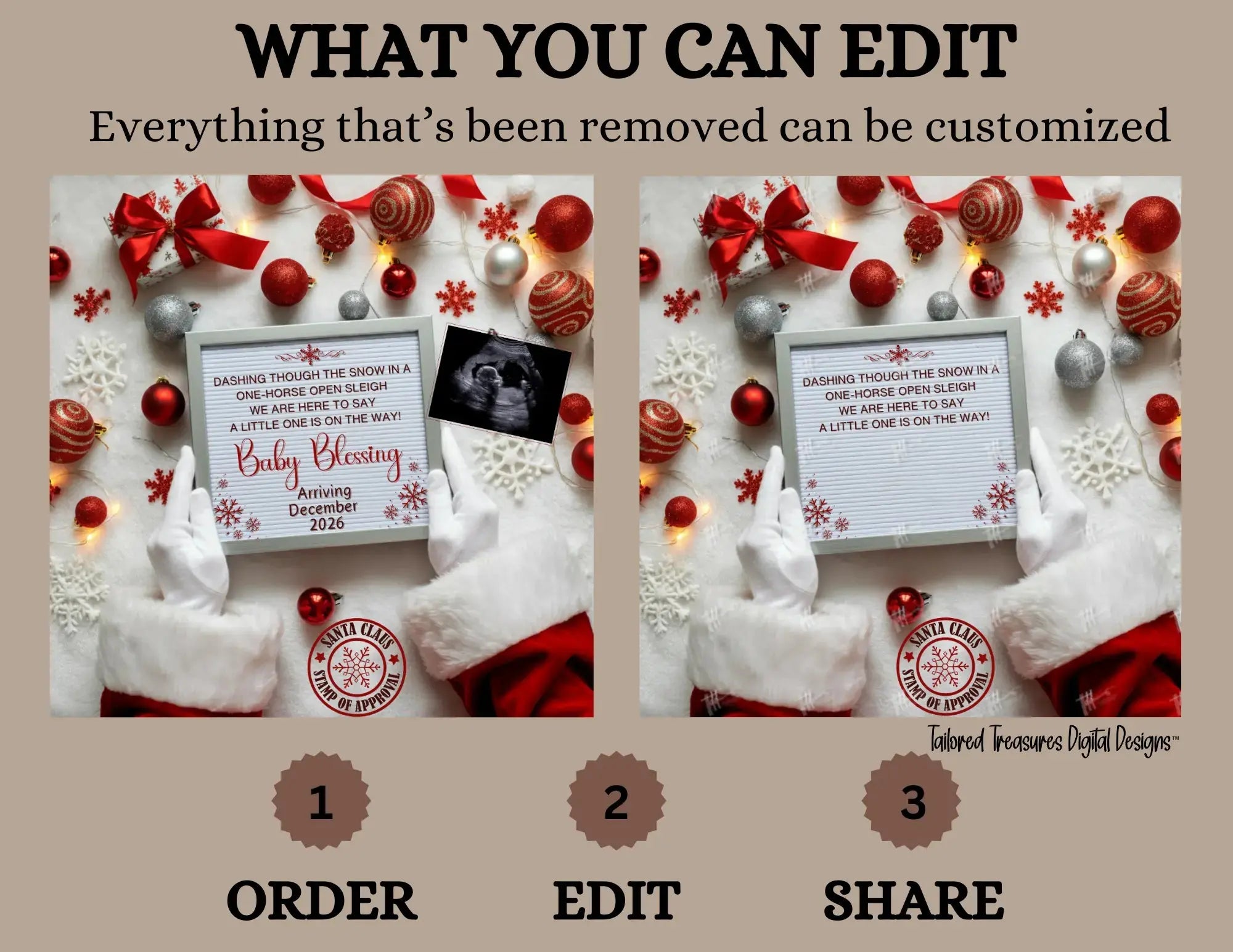 Digital Christmas Pregnancy Announcement, A Little One ison the Way, Customizable Gold Winter Themed, Personalized Editable Template TailoredTreasuresDigitalDesigns™