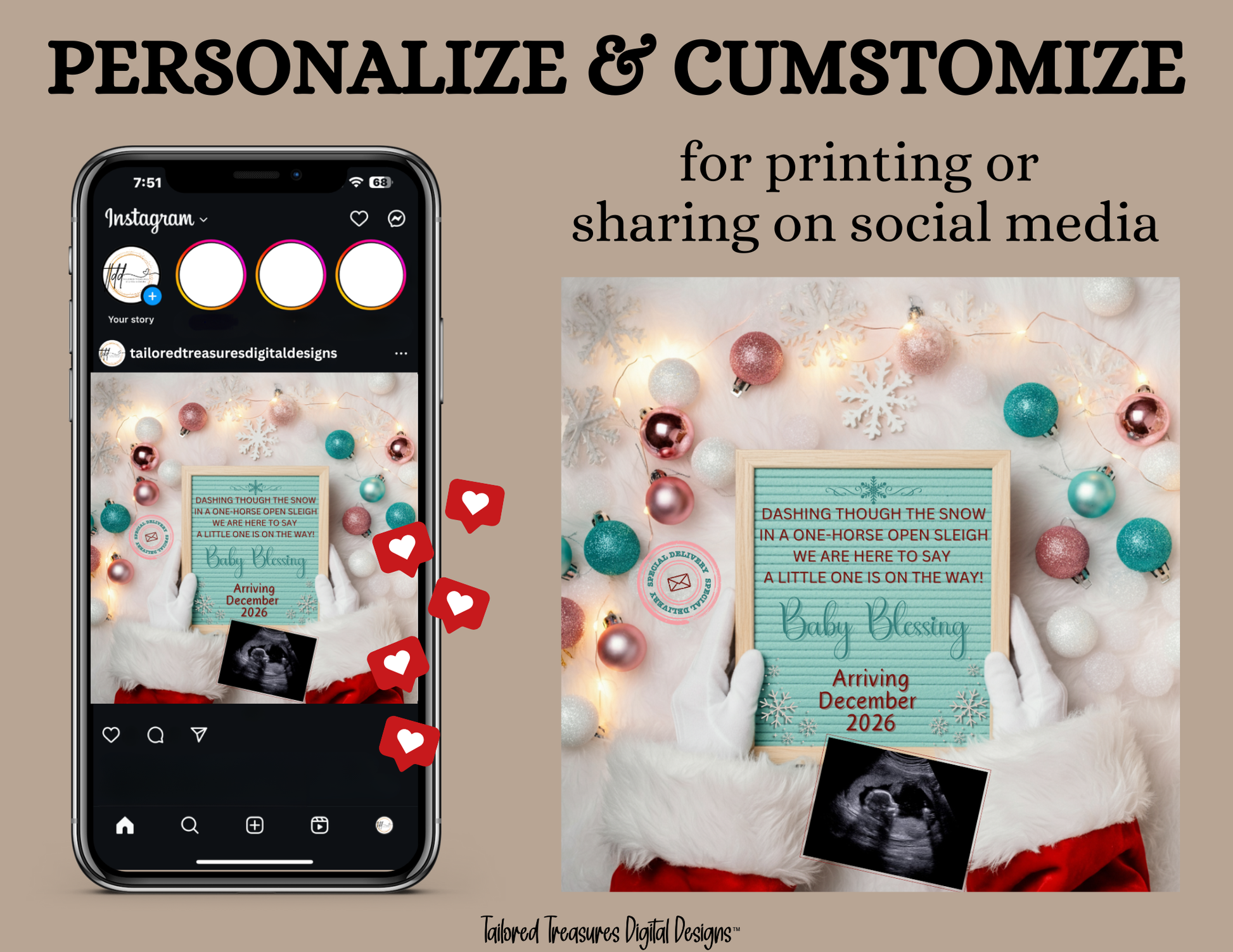 Digital Christmas Pregnancy Announcement, A Little One is on the Way, Customizable Mint Winter Themed, Personalized Editable Template TailoredTreasuresDigitalDesigns™