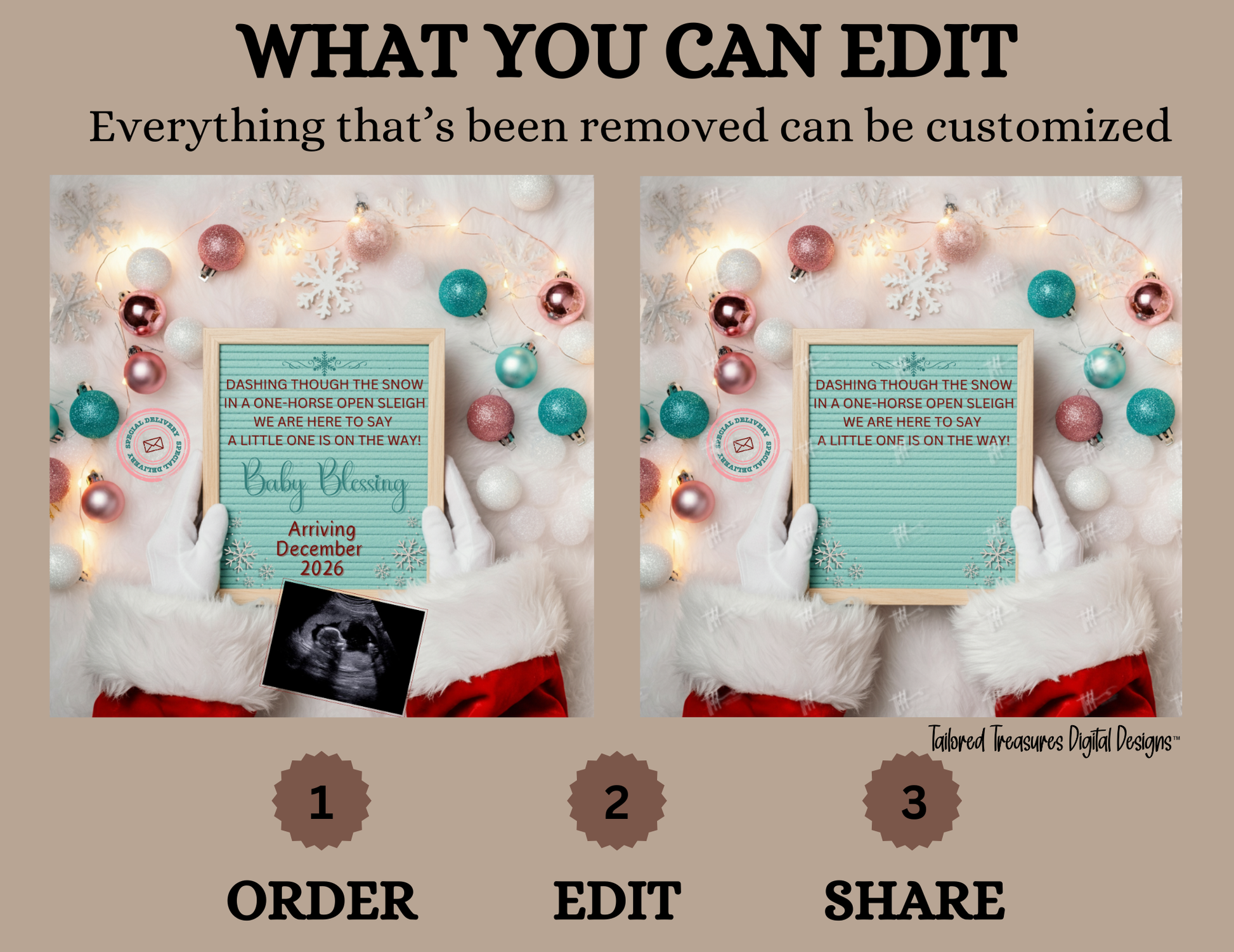 Digital Christmas Pregnancy Announcement, A Little One is on the Way, Customizable Mint Winter Themed, Personalized Editable Template TailoredTreasuresDigitalDesigns™