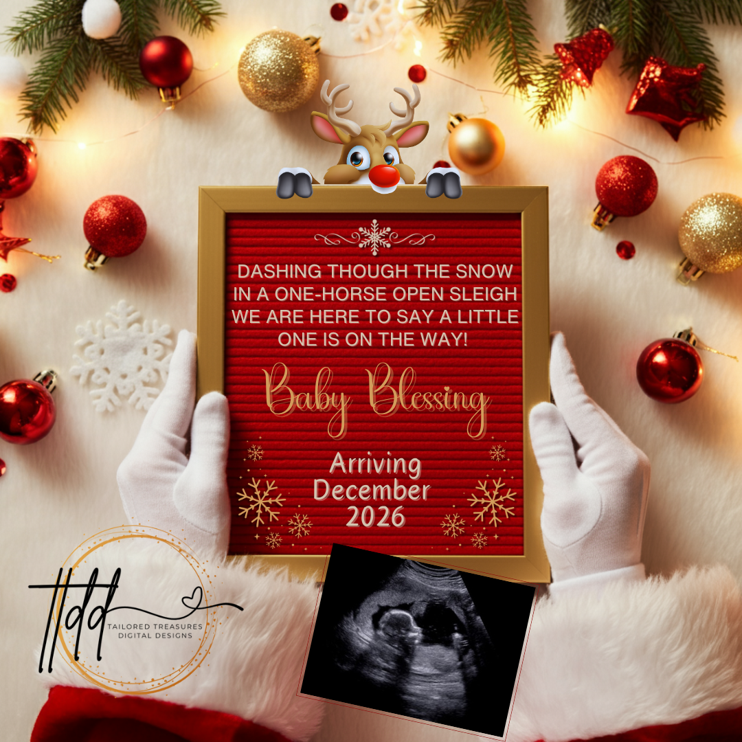 Digital Christmas Pregnancy Announcement, A Little One is on the Way, Customizable Red Winter Themed, Personalized Editable Template TailoredTreasuresDigitalDesigns™
