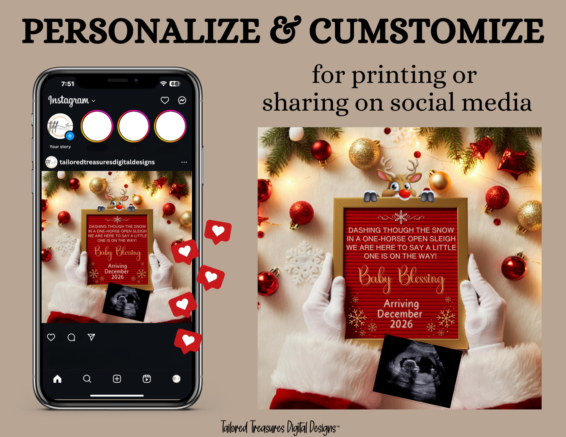 Digital Christmas Pregnancy Announcement, A Little One is on the Way, Customizable Red Winter Themed, Personalized Editable Template TailoredTreasuresDigitalDesigns™