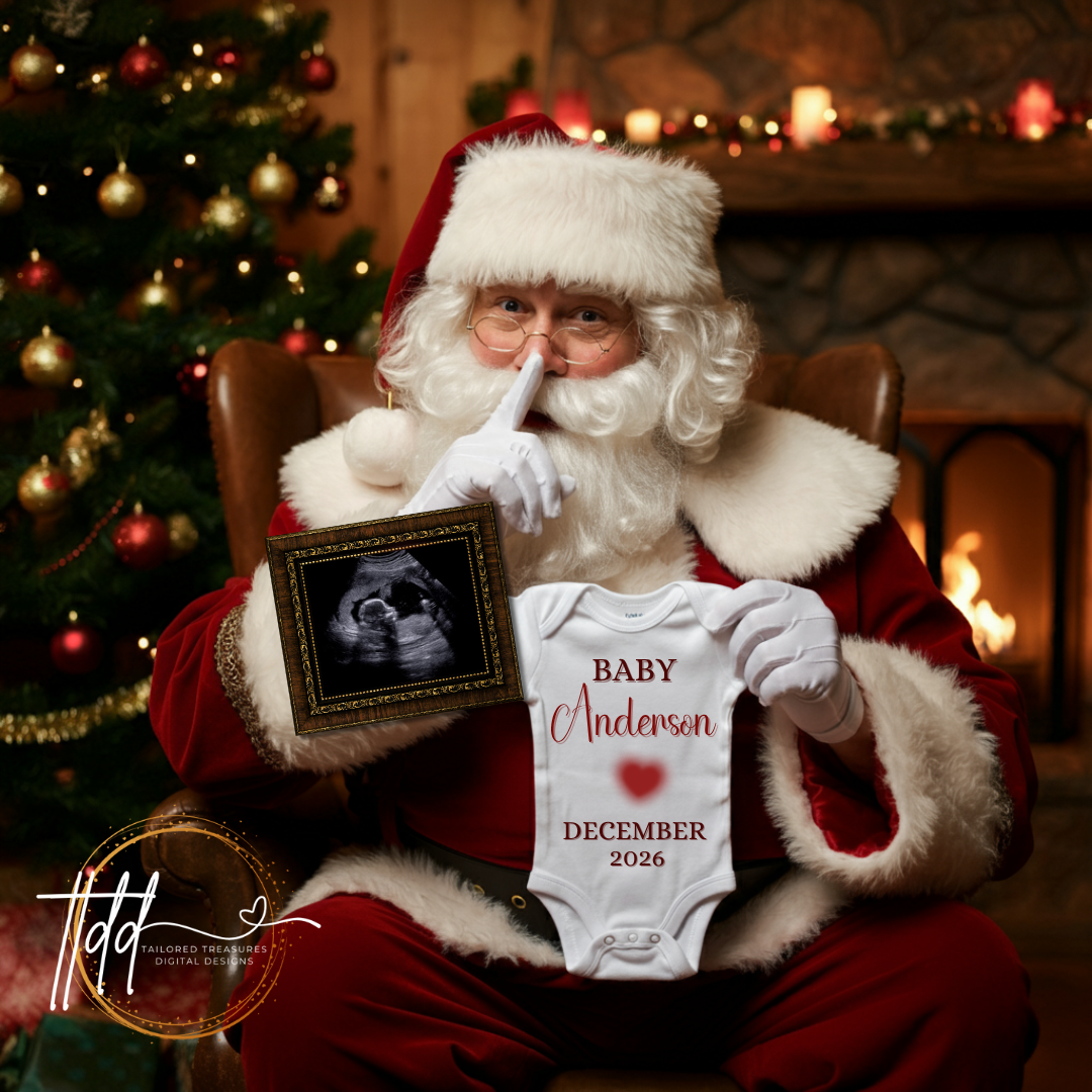 Digital Christmas Pregnancy Announcement, Shhhh Baby Coming, Customizable Santa Winter Themed, Personalized Editable Template TailoredTreasuresDigitalDesigns™