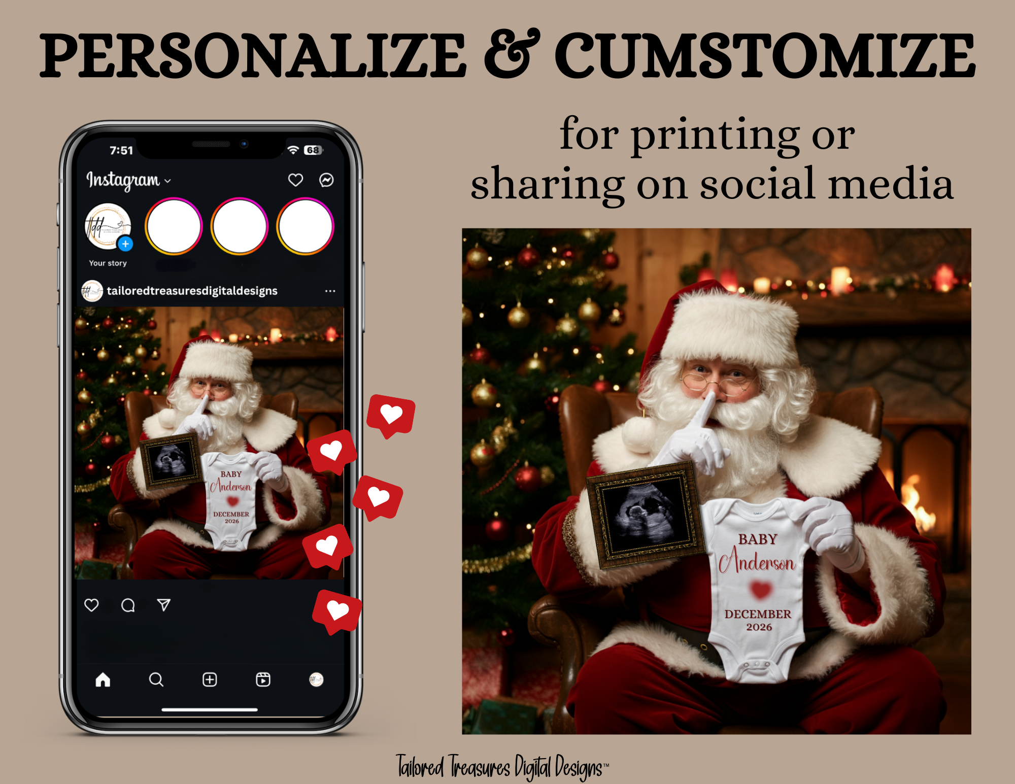 Digital Christmas Pregnancy Announcement, Shhhh Baby Coming, Customizable Santa Winter Themed, Personalized Editable Template TailoredTreasuresDigitalDesigns™
