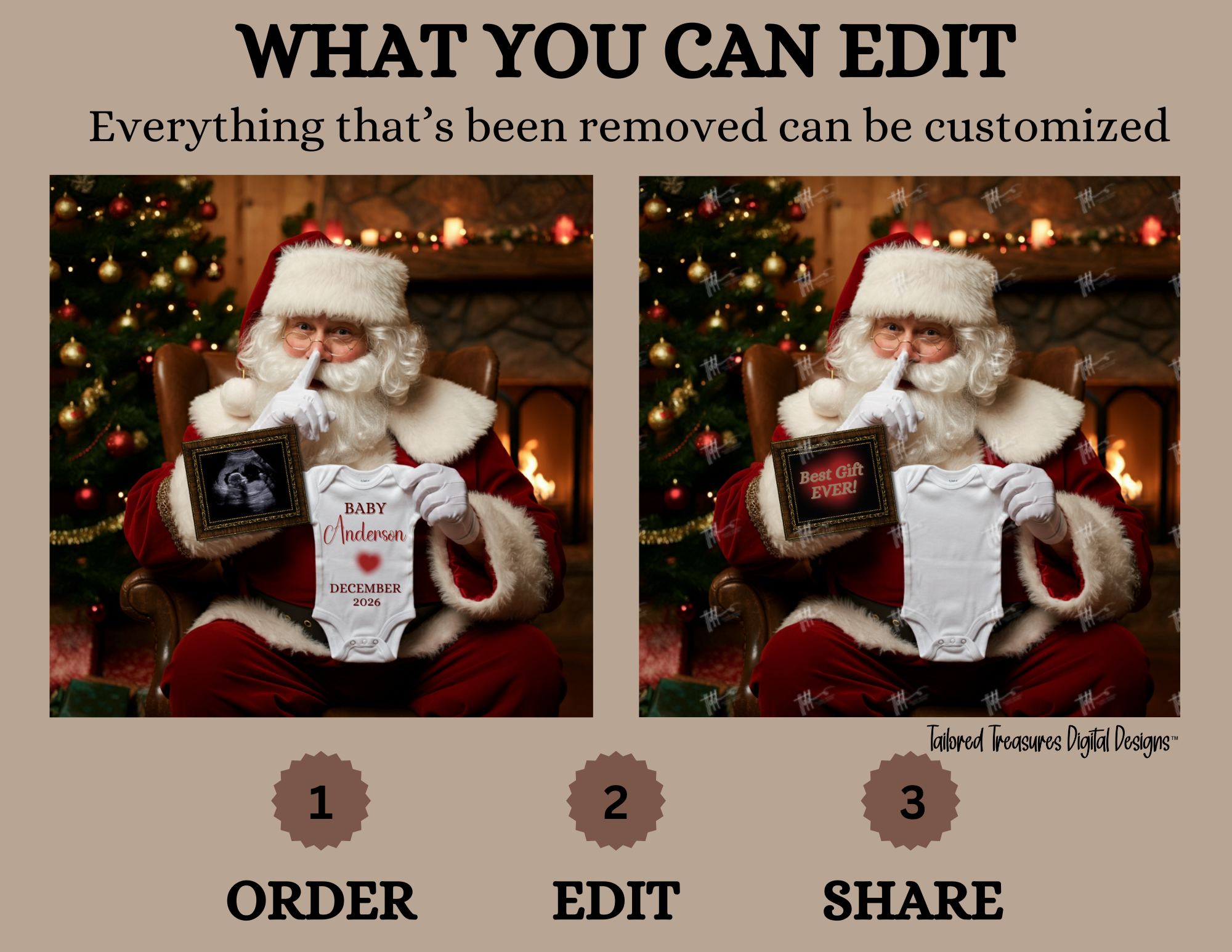 Digital Christmas Pregnancy Announcement, Shhhh Baby Coming, Customizable Santa Winter Themed, Personalized Editable Template TailoredTreasuresDigitalDesigns™