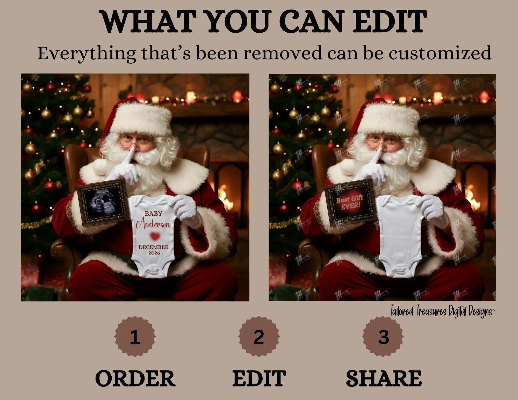 Digital Christmas Pregnancy Announcement, Shhhh Baby Coming, Customizable Santa Winter Themed, Personalized Editable Template TailoredTreasuresDigitalDesigns™