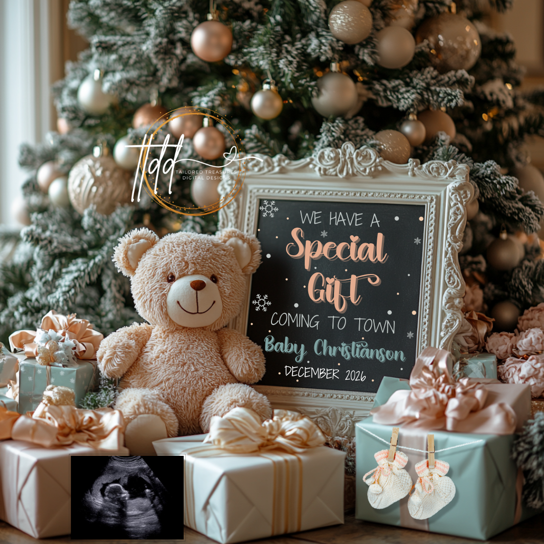 Digital Christmas Pregnancy Announcement, We Have A Special Gift, Customizable Winter Themed, Personalized Editable Template TailoredTreasuresDigitalDesigns™
