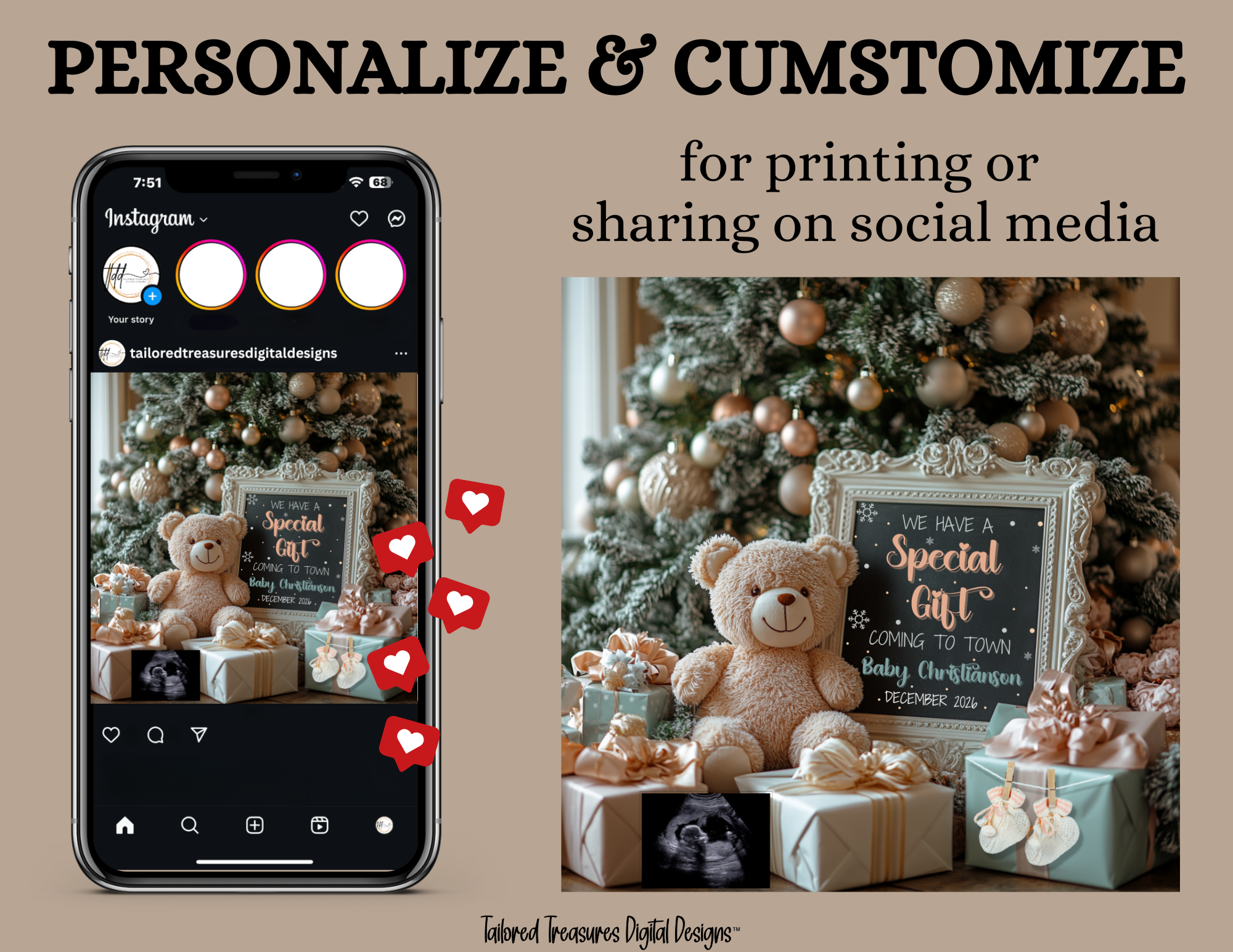 Digital Christmas Pregnancy Announcement, We Have A Special Gift, Customizable Winter Themed, Personalized Editable Template TailoredTreasuresDigitalDesigns™