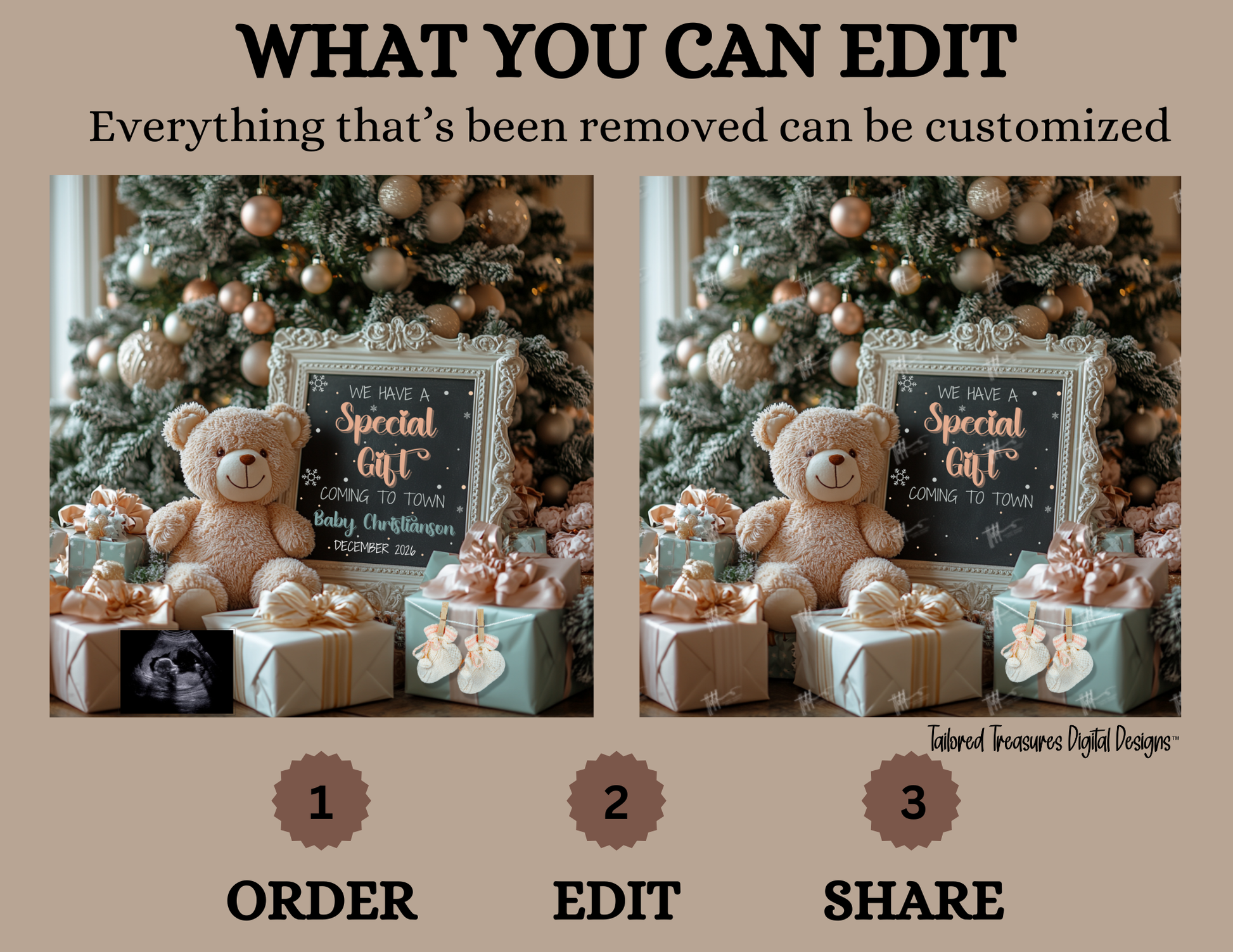 Digital Christmas Pregnancy Announcement, We Have A Special Gift, Customizable Winter Themed, Personalized Editable Template TailoredTreasuresDigitalDesigns™