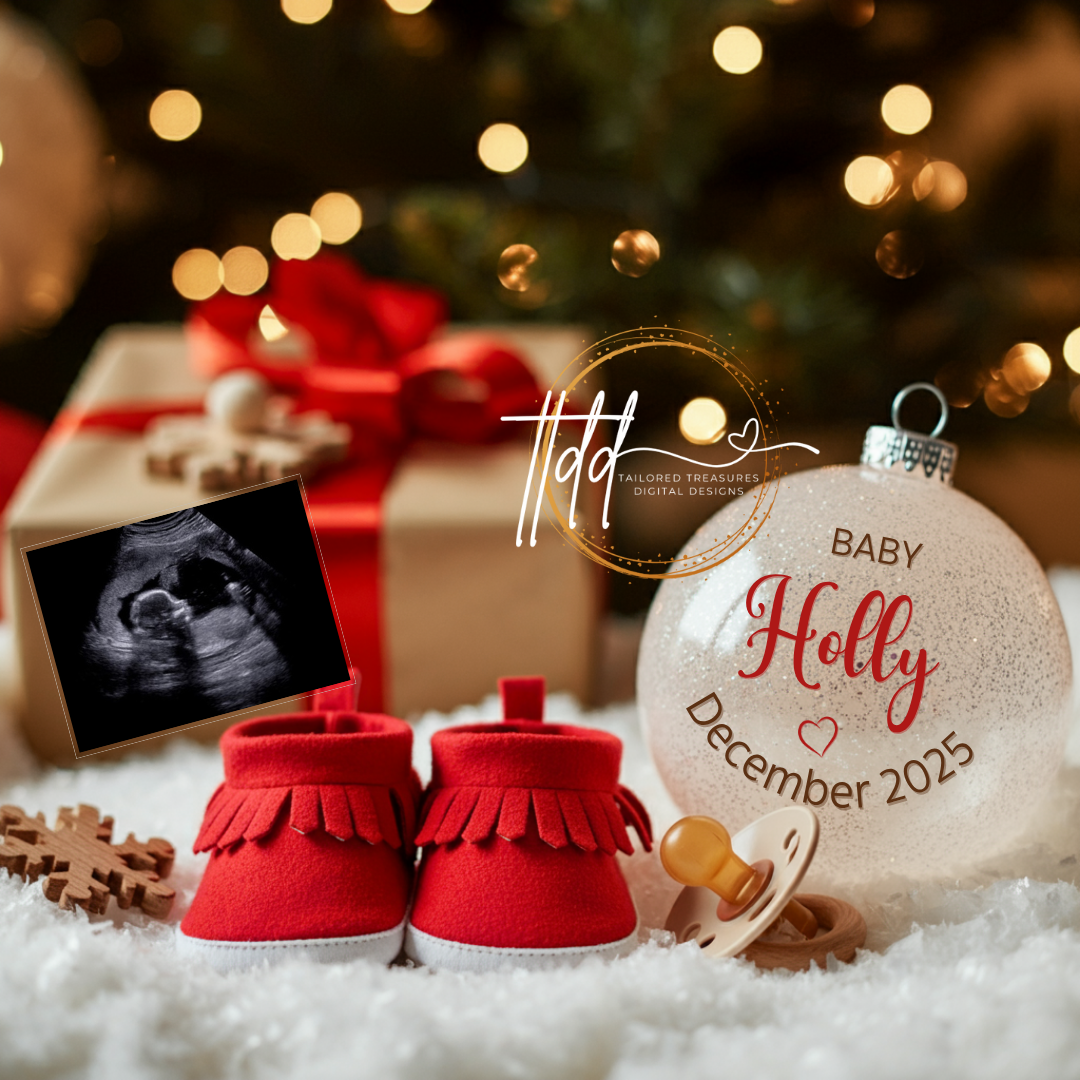 Digital Christmas Pregnancy Announcement, Unisex Baby Last Name Ornament, Customizable Winter Themed, Personalized Editable Template TailoredTreasuresDigitalDesigns™