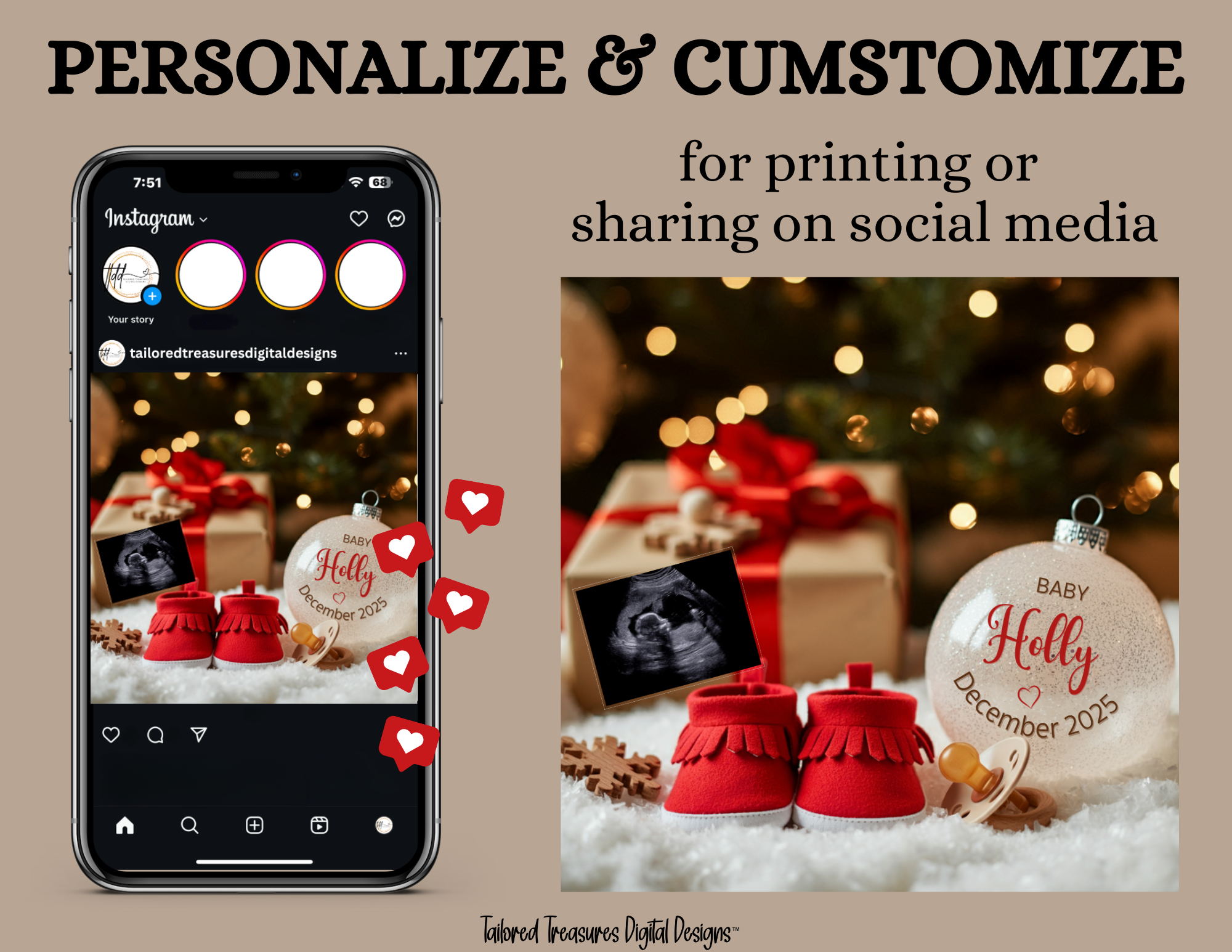 Digital Christmas Pregnancy Announcement, Unisex Baby Last Name Ornament, Customizable Winter Themed, Personalized Editable Template TailoredTreasuresDigitalDesigns™