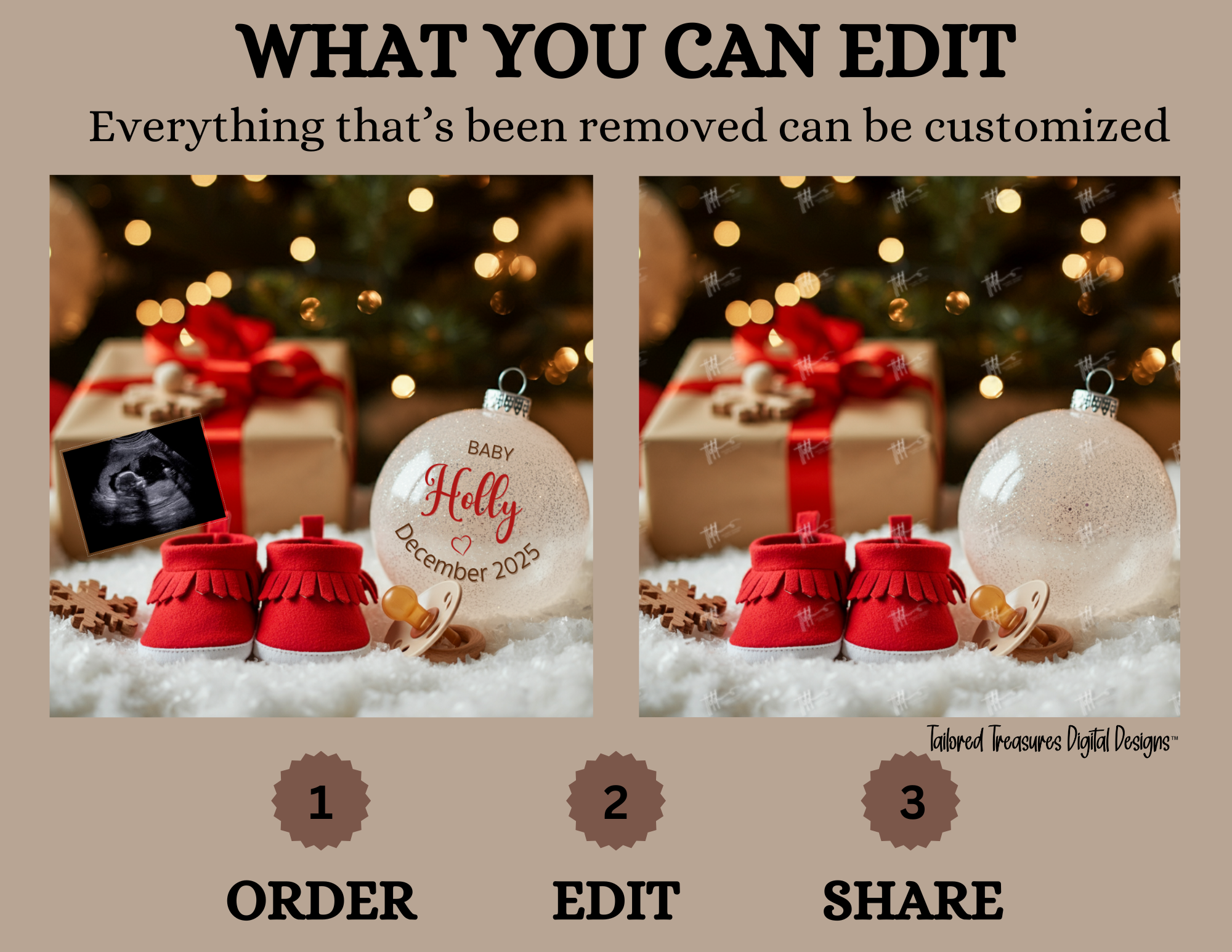 Digital Christmas Pregnancy Announcement, Unisex Baby Last Name Ornament, Customizable Winter Themed, Personalized Editable Template TailoredTreasuresDigitalDesigns™