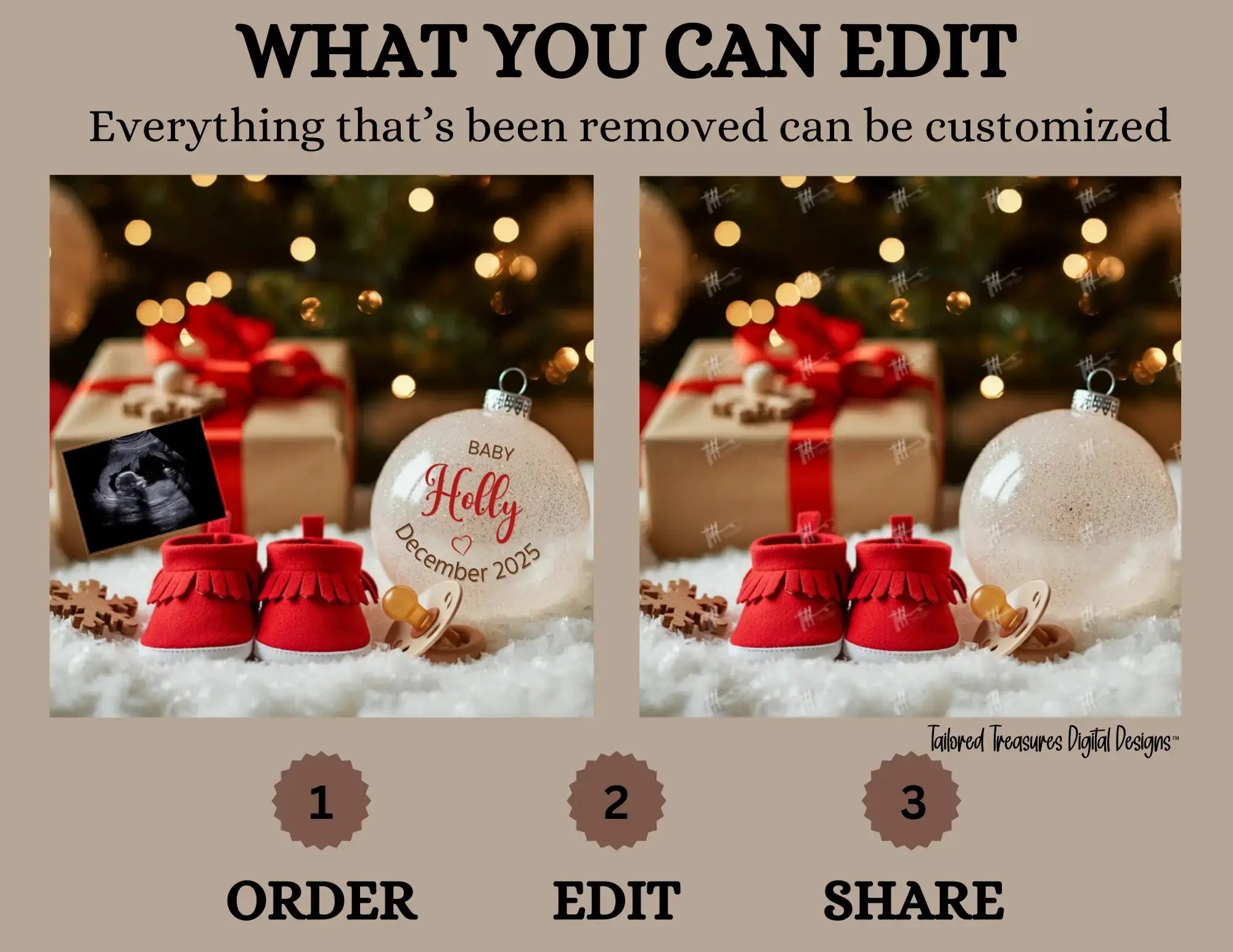 Digital Christmas Pregnancy Announcement, Unisex Baby Last Name Ornament, Customizable Winter Themed, Personalized Editable Template TailoredTreasuresDigitalDesigns™