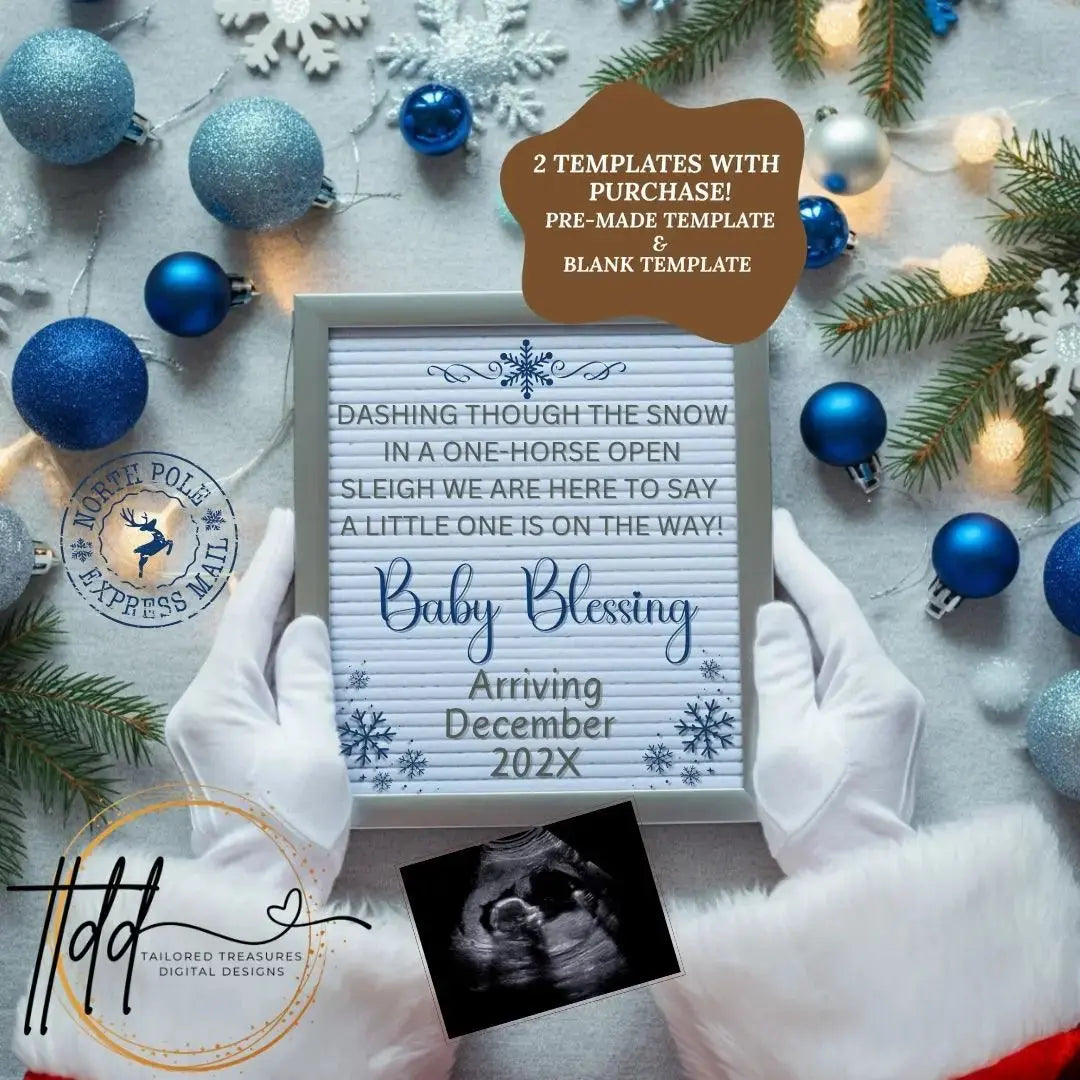 Digital Christmas Pregnancy Announcement, A Little One is on the Way, Customizable Blue Winter Themed, Personalized Editable Template TailoredTreasuresDigitalDesigns™