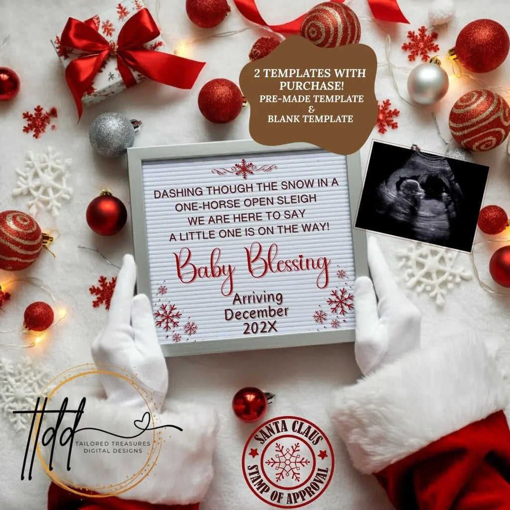 Digital Christmas Pregnancy Announcement, A Little One ison the Way, Customizable Gold Winter Themed, Personalized Editable Template TailoredTreasuresDigitalDesigns™