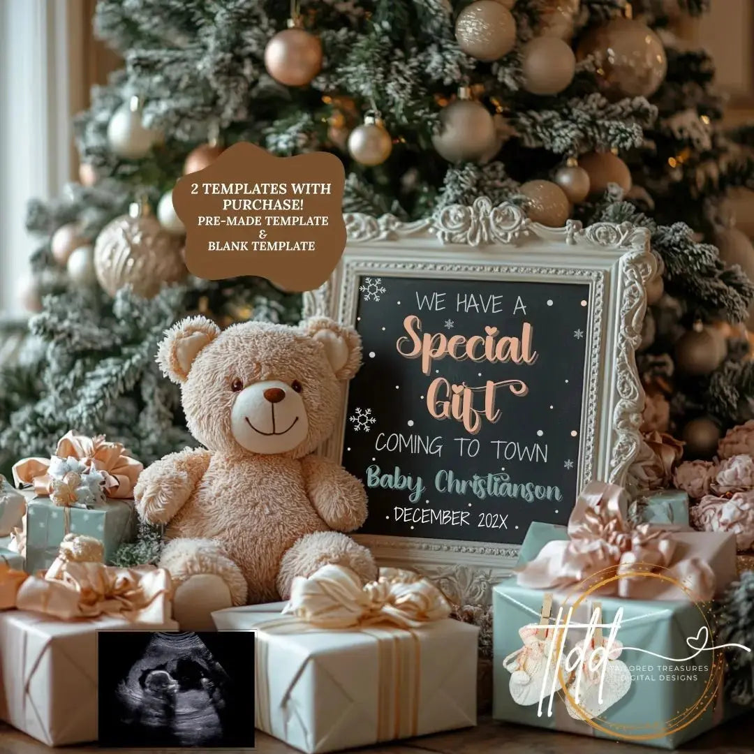 Digital Christmas Pregnancy Announcement, We Have A Special Gift, Customizable Winter Themed, Personalized Editable Template TailoredTreasuresDigitalDesigns™