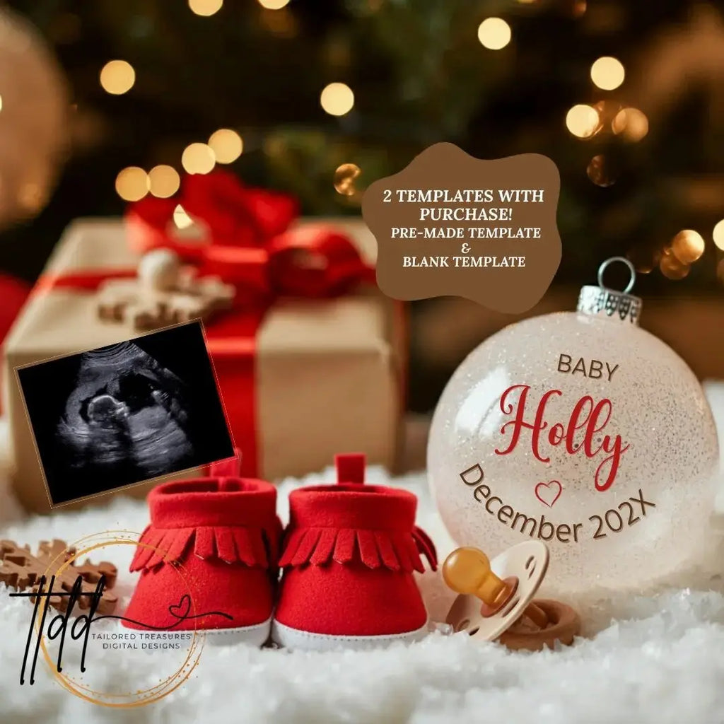 Digital Christmas Pregnancy Announcement, Unisex Baby Last Name Ornament, Customizable Winter Themed, Personalized Editable Template TailoredTreasuresDigitalDesigns™