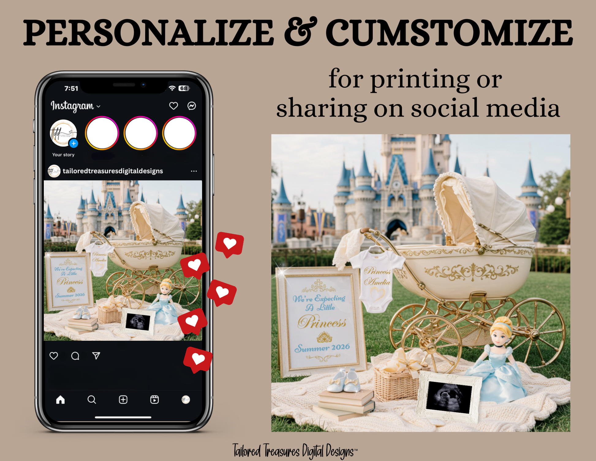 Digital Cinderella Pregnancy Announcement, We’re Expecting A Little Princess, Customizable It’s A Girl Themed, Personalized Editable Template TailoredTreasuresDigitalDesigns™