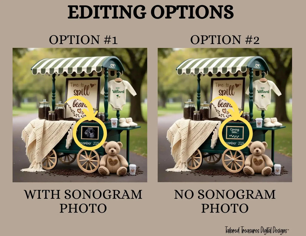 Digital Pregnancy Announcement, Customizable Coffee Beans Themed, Spill the Beans, Personalized Editable Template TailoredTreasuresDigitalDesigns™