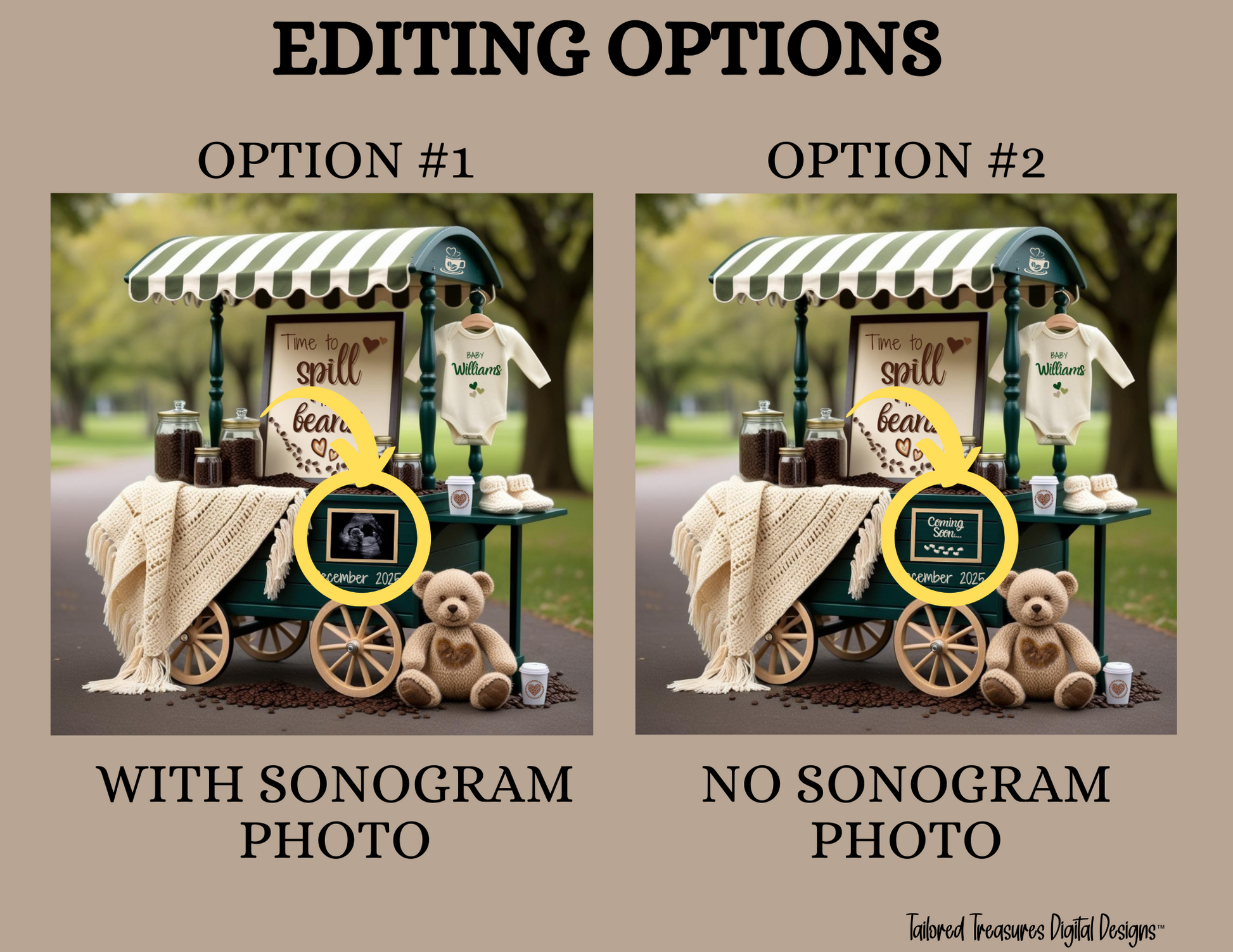 Digital Pregnancy Announcement, Customizable Coffee Beans Themed, Spill the Beans, Personalized Editable Template TailoredTreasuresDigitalDesigns™