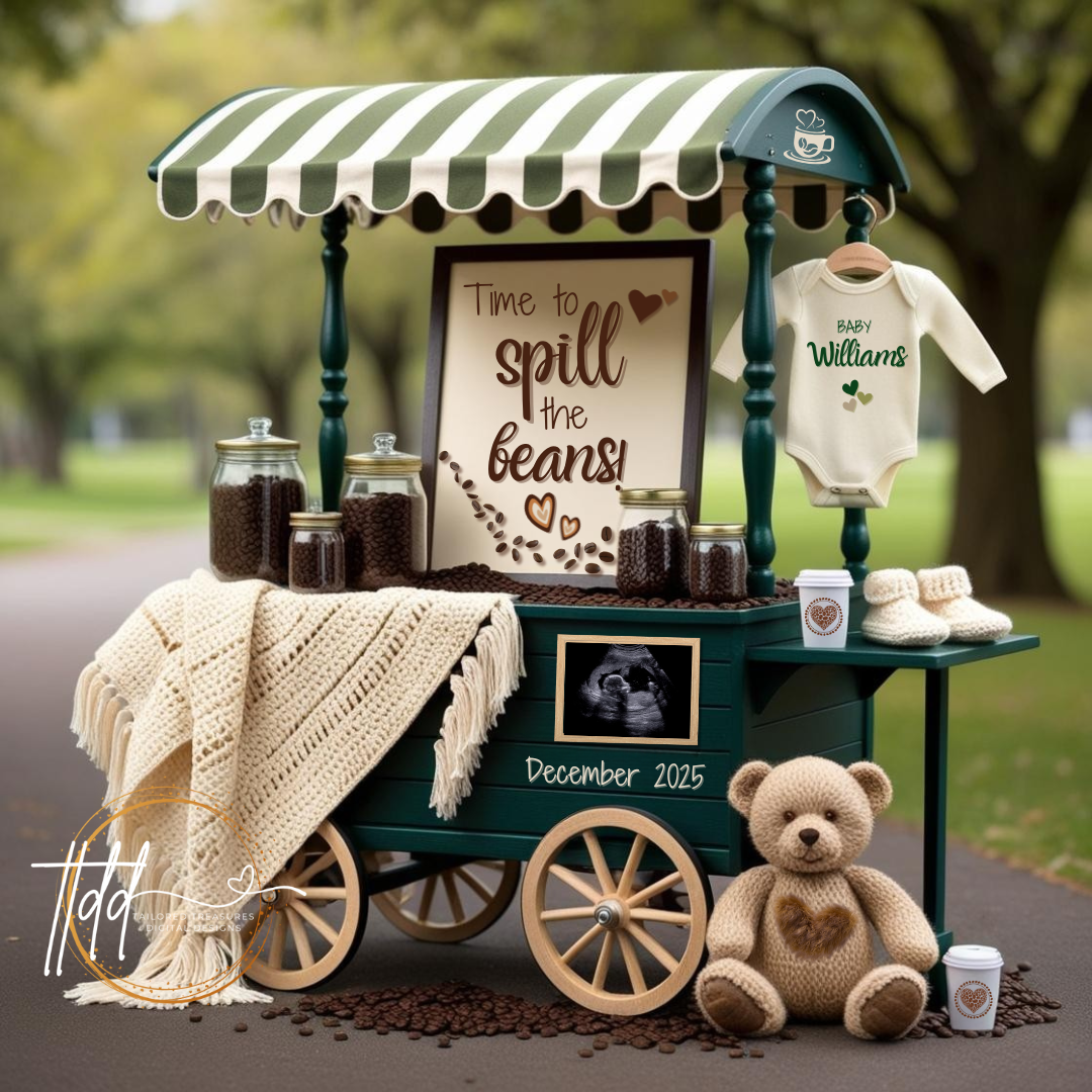 Digital Pregnancy Announcement, Customizable Coffee Beans Themed, Spill the Beans, Personalized Editable Template TailoredTreasuresDigitalDesigns™