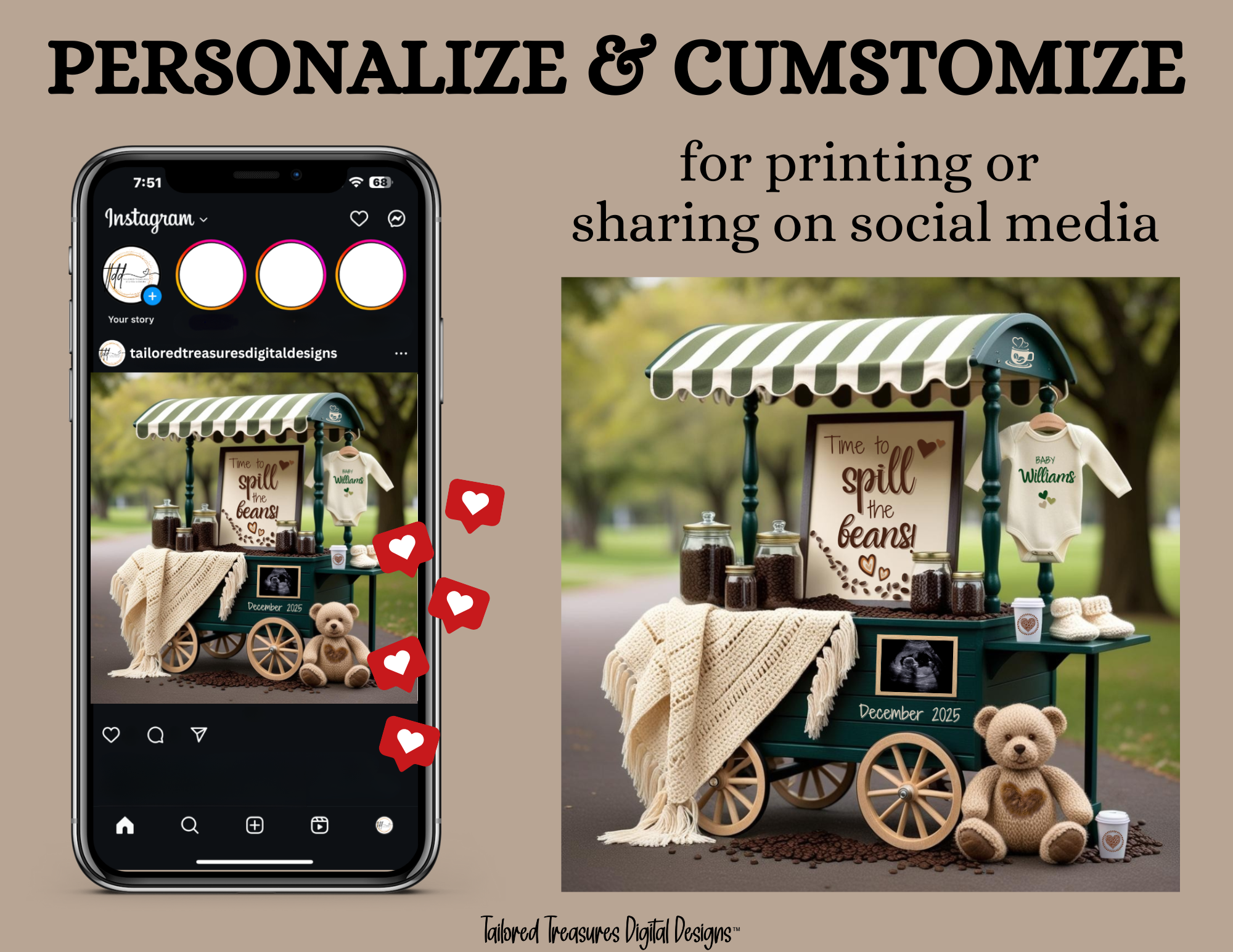 Digital Pregnancy Announcement, Customizable Coffee Beans Themed, Spill the Beans, Personalized Editable Template TailoredTreasuresDigitalDesigns™