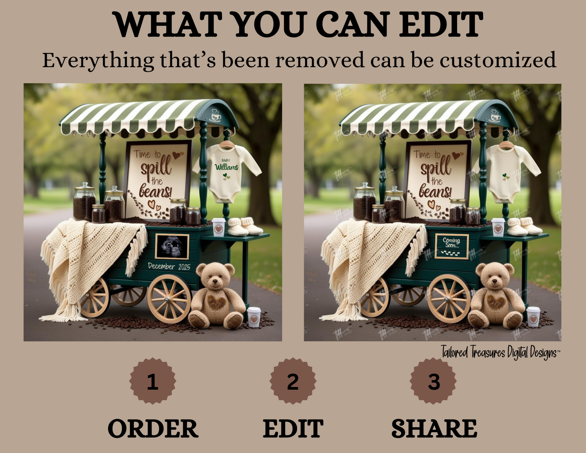 Digital Pregnancy Announcement, Customizable Coffee Beans Themed, Spill the Beans, Personalized Editable Template TailoredTreasuresDigitalDesigns™