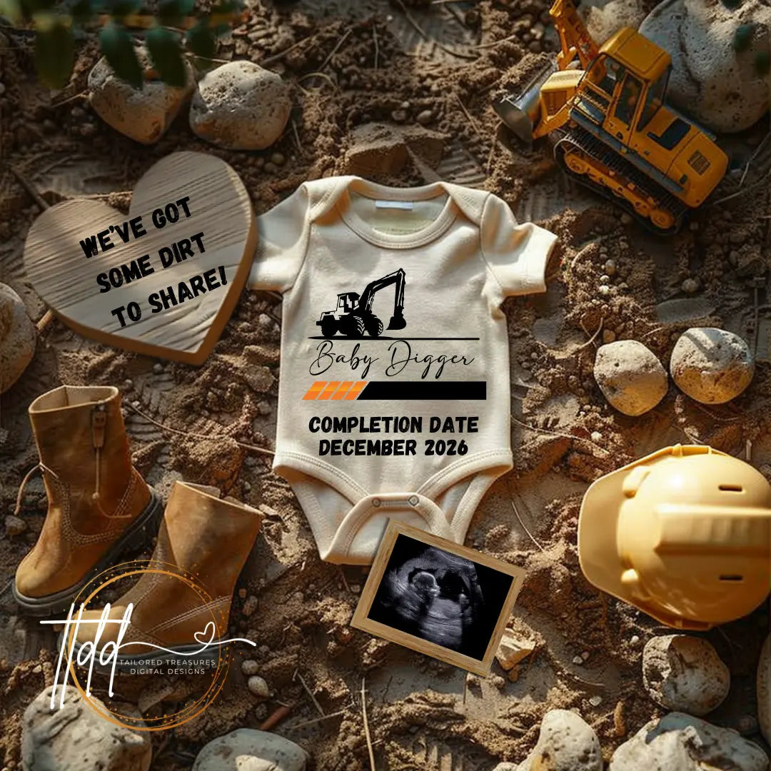 Digital Construction Pregnancy Announcement, We Have Some Dirt to Share, Customizable Heavy Equipment Themed, Personalized Editable Template TailoredTreasuresDigitalDesigns™