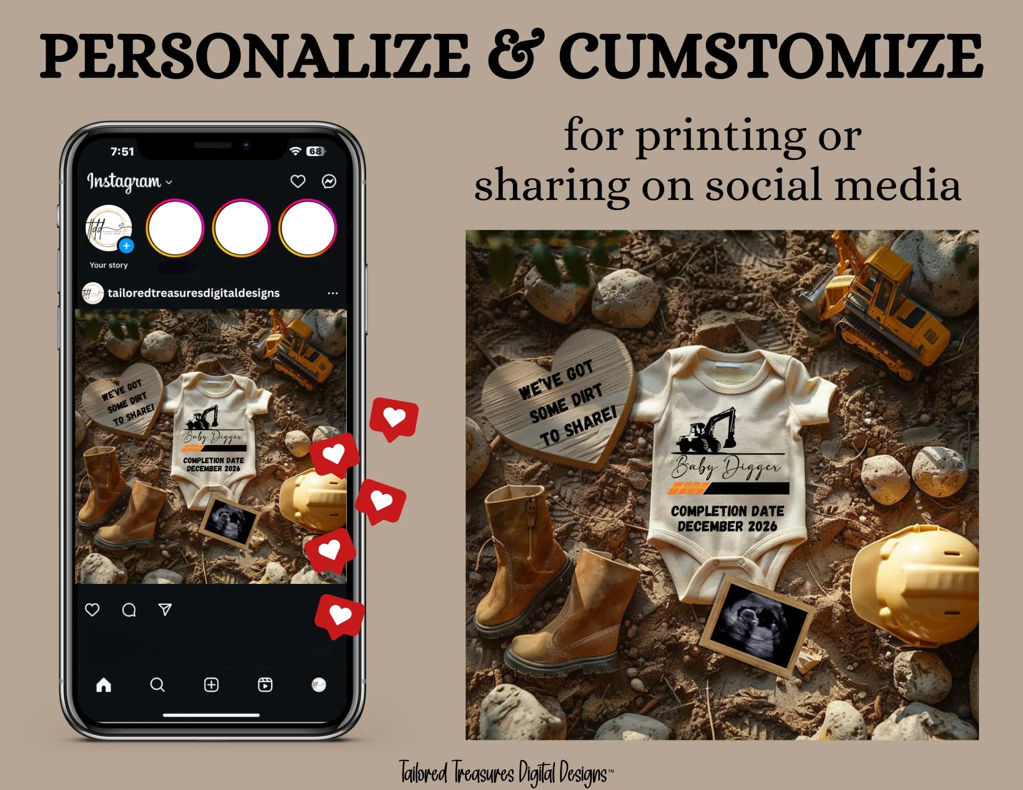 Digital Construction Pregnancy Announcement, We Have Some Dirt to Share, Customizable Heavy Equipment Themed, Personalized Editable Template TailoredTreasuresDigitalDesigns™