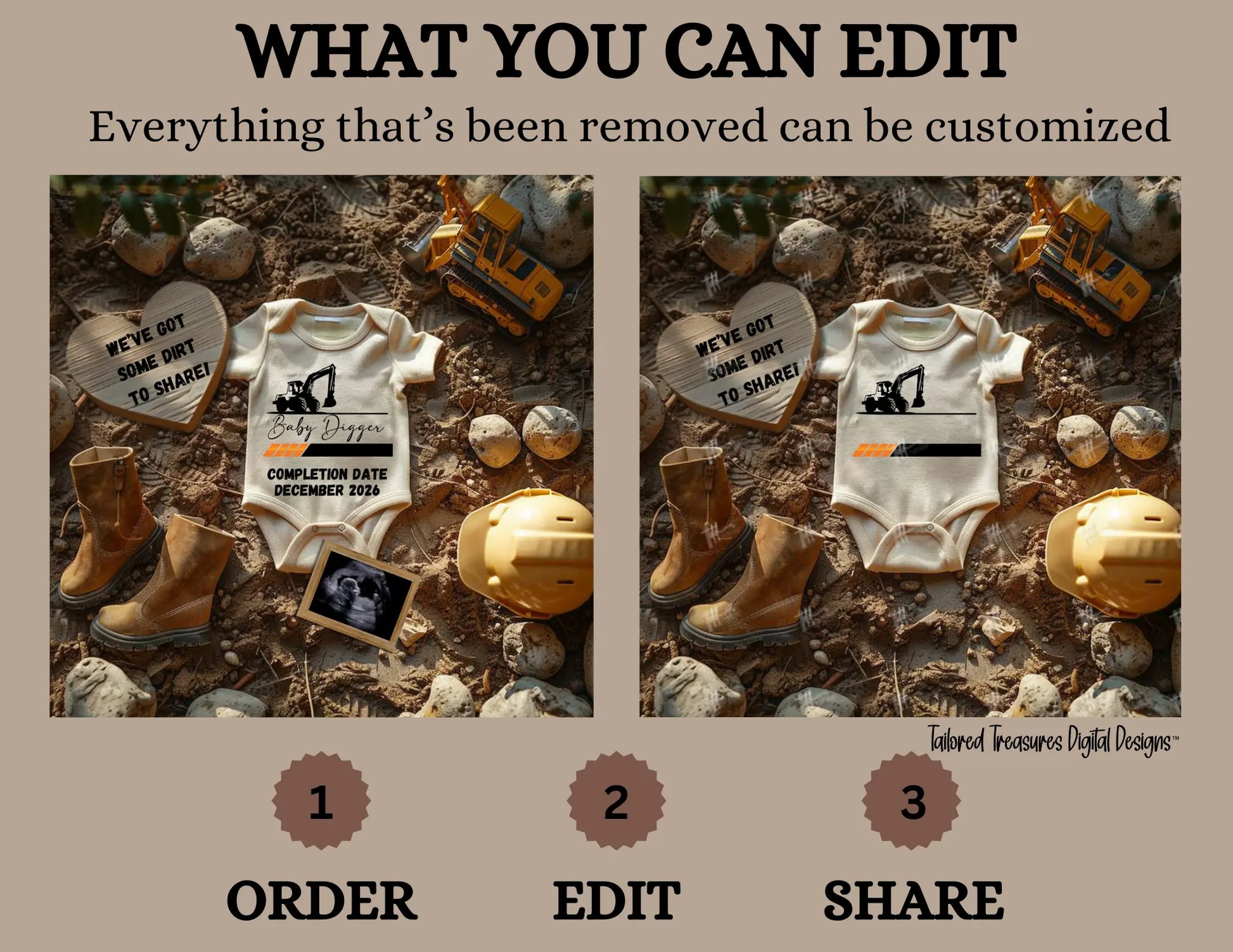 Digital Construction Pregnancy Announcement, We Have Some Dirt to Share, Customizable Heavy Equipment Themed, Personalized Editable Template TailoredTreasuresDigitalDesigns™