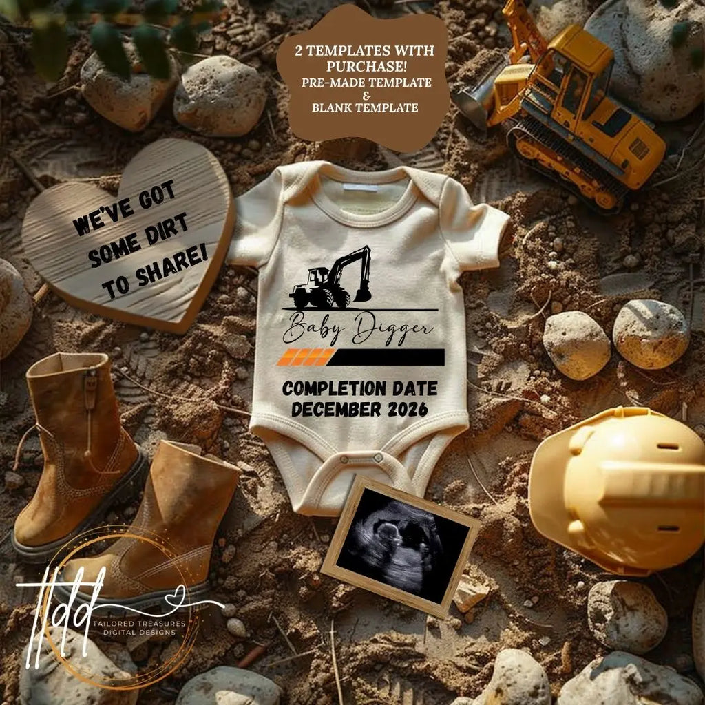 Digital Construction Pregnancy Announcement, We Have Some Dirt to Share, Customizable Heavy Equipment Themed, Personalized Editable Template TailoredTreasuresDigitalDesigns™
