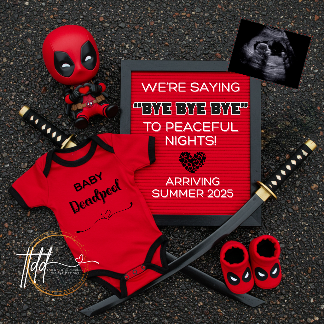 Digital Deadpool Bye Bye Bye Pregnancy Announcement, Customizable Superhero Themed, Personalized Editable Template TailoredTreasuresDigitalDesigns™