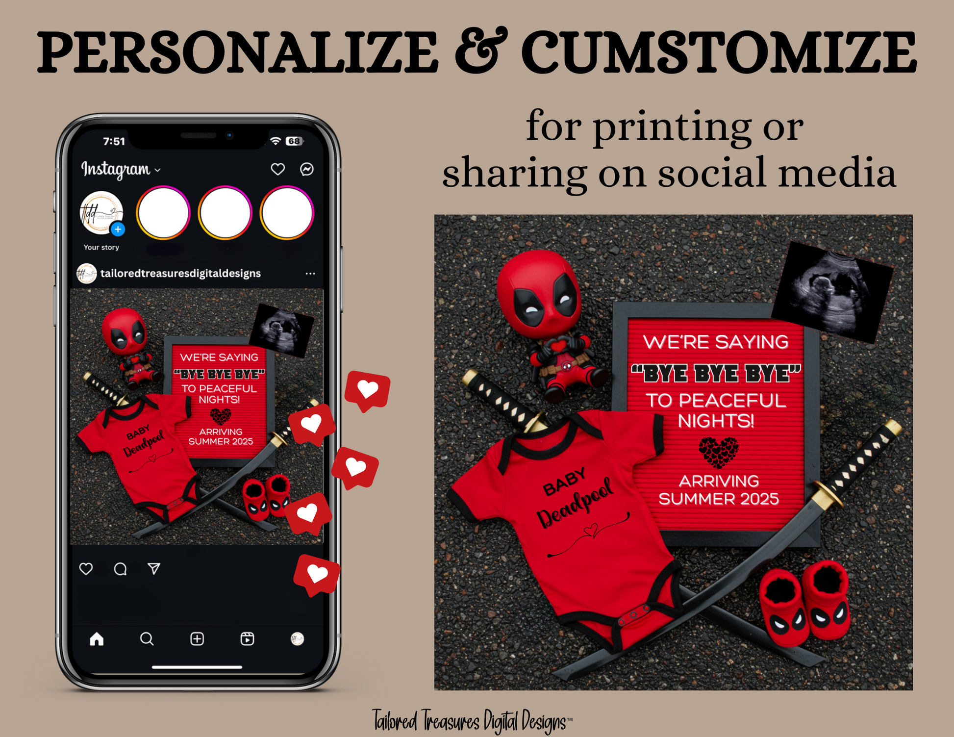 Digital Deadpool Bye Bye Bye Pregnancy Announcement, Customizable Superhero Themed, Personalized Editable Template TailoredTreasuresDigitalDesigns™