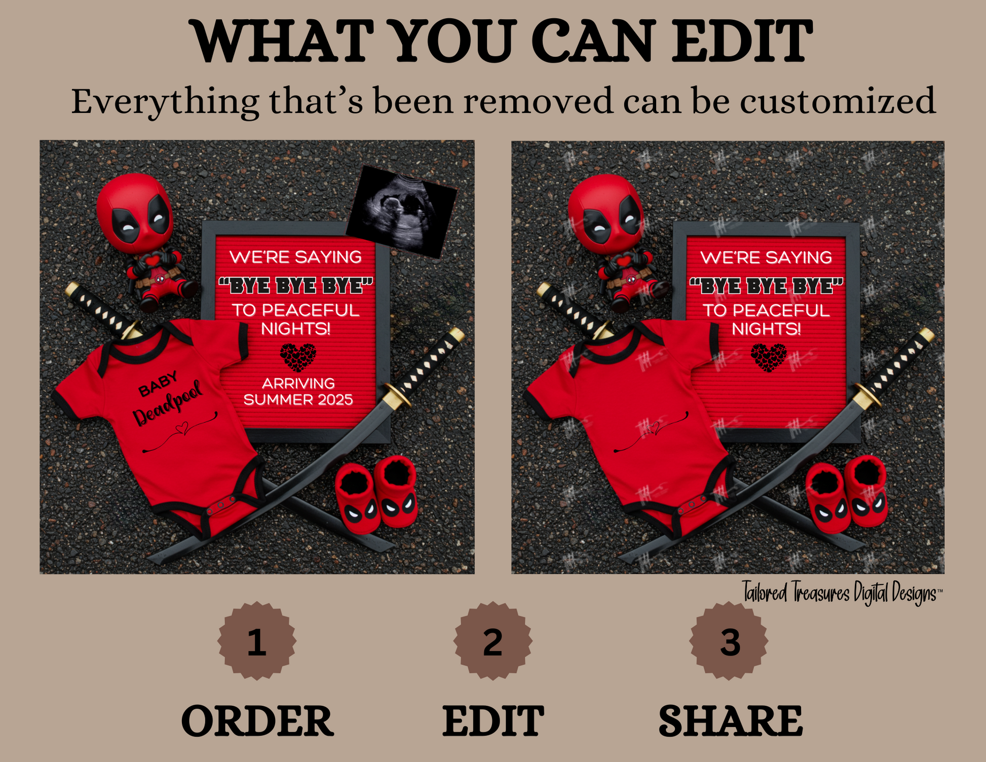 Digital Deadpool Bye Bye Bye Pregnancy Announcement, Customizable Superhero Themed, Personalized Editable Template TailoredTreasuresDigitalDesigns™