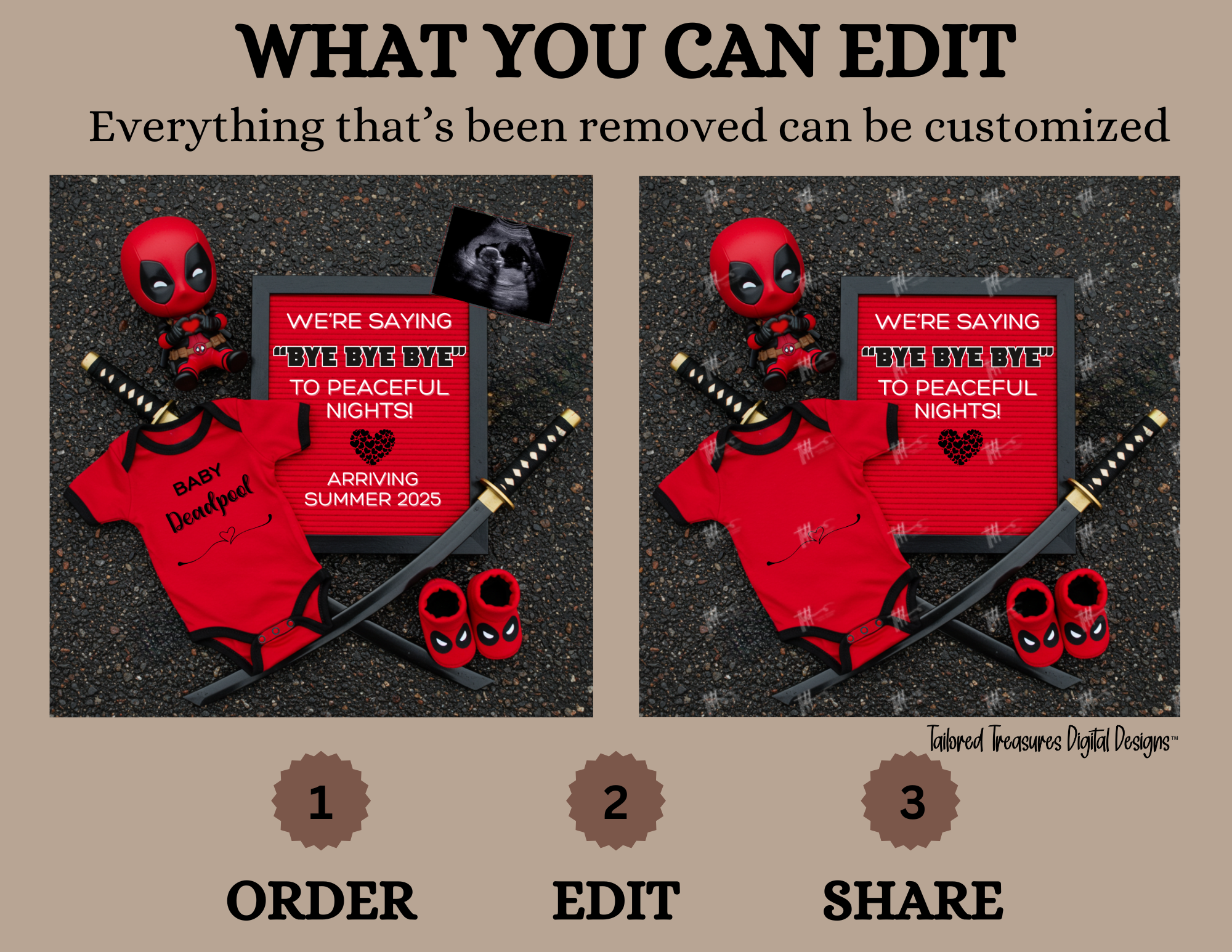 Digital Deadpool Bye Bye Bye Pregnancy Announcement, Customizable Superhero Themed, Personalized Editable Template TailoredTreasuresDigitalDesigns™