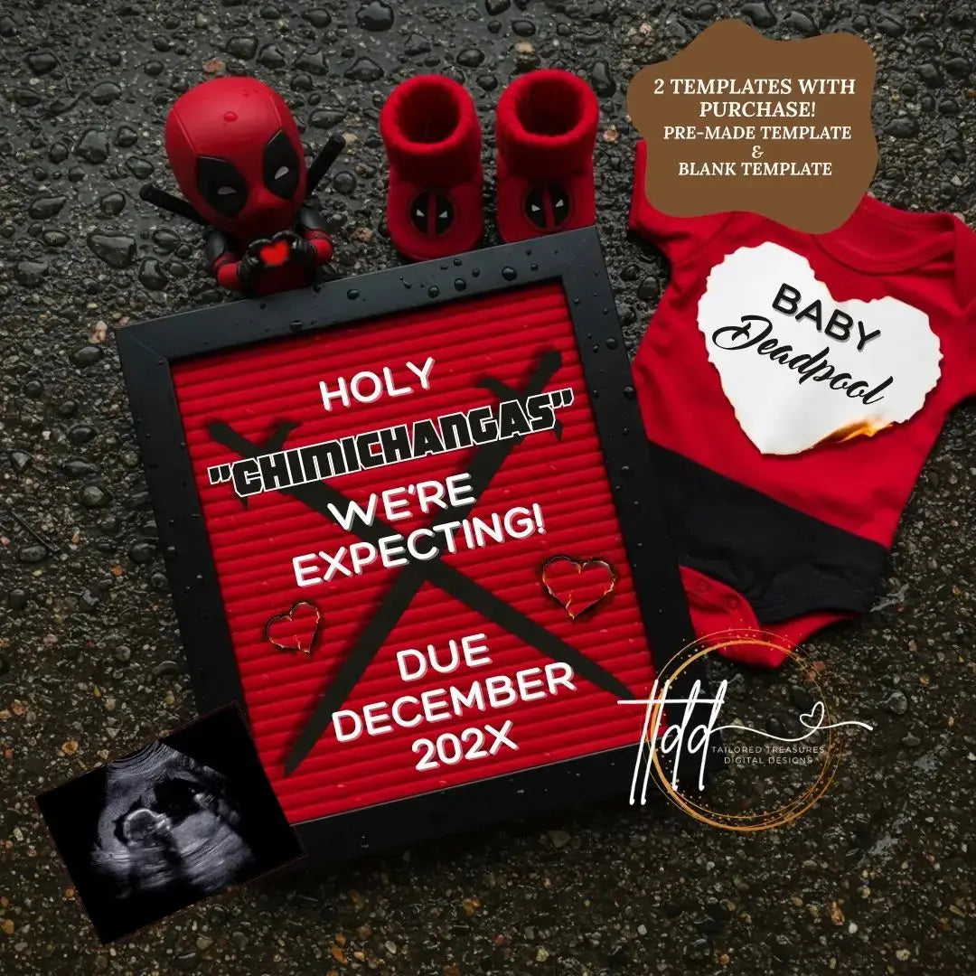 Digital Deadpool Chimichangas Pregnancy Announcement, Customizable Superhero Themed, Personalized Editable Template TailoredTreasuresDigitalDesigns™