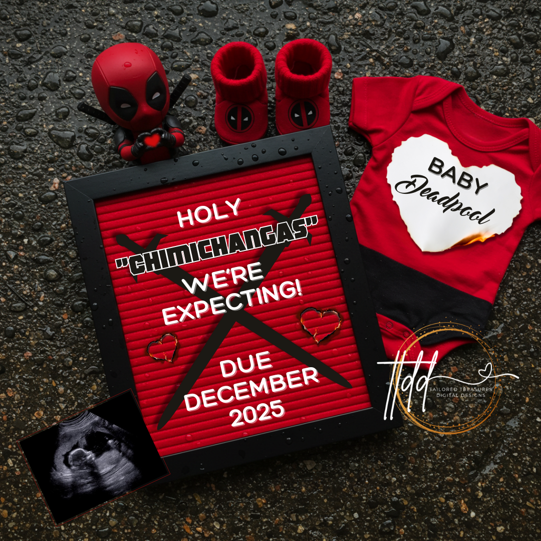 Digital Deadpool Chimichangas Pregnancy Announcement, Customizable Superhero Themed, Personalized Editable Template TailoredTreasuresDigitalDesigns™