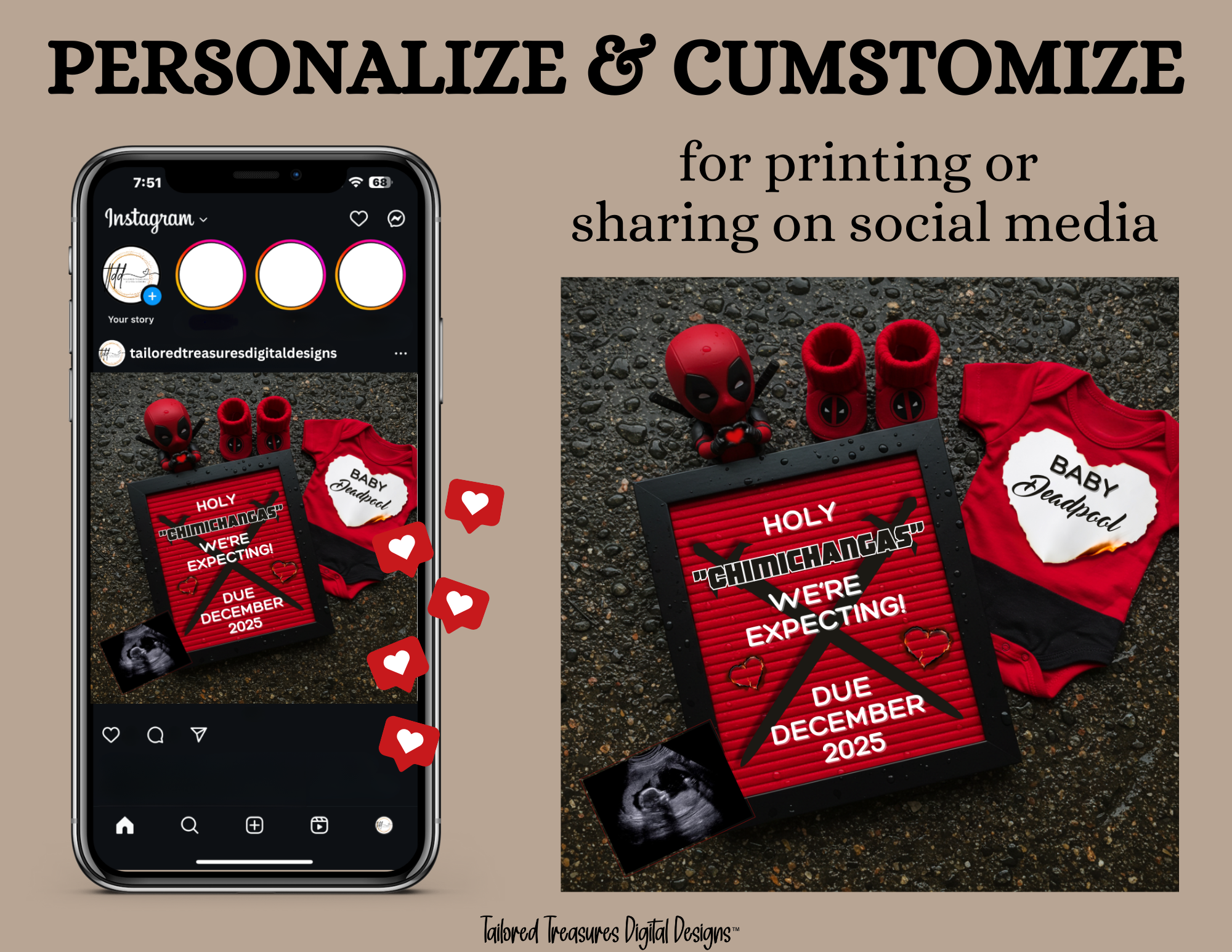 Digital Deadpool Chimichangas Pregnancy Announcement, Customizable Superhero Themed, Personalized Editable Template TailoredTreasuresDigitalDesigns™