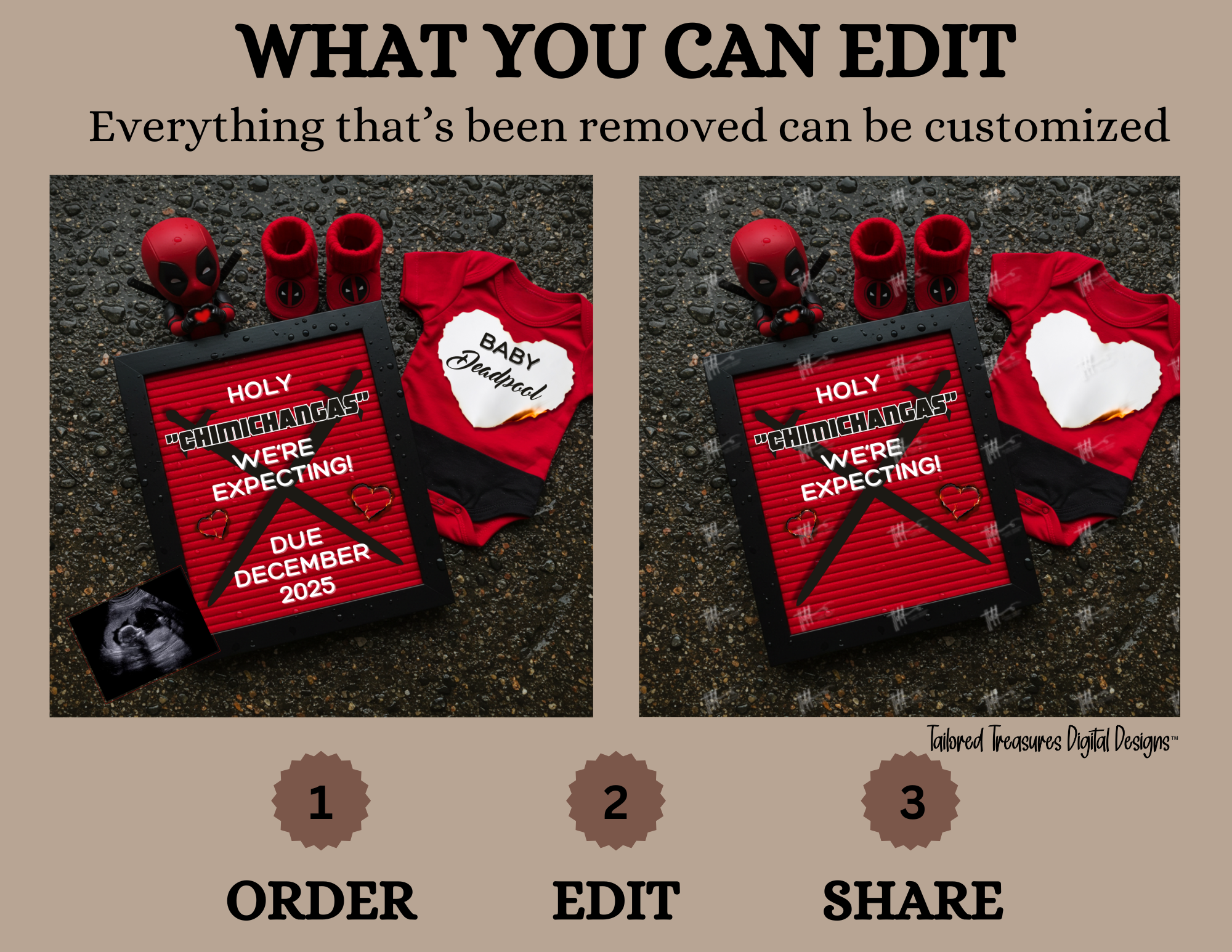 Digital Deadpool Chimichangas Pregnancy Announcement, Customizable Superhero Themed, Personalized Editable Template TailoredTreasuresDigitalDesigns™