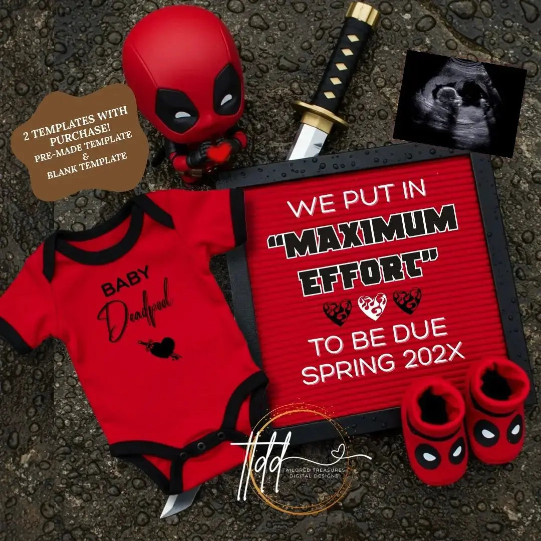 Digital Deadpool Maximum Effort Pregnancy Announcement, Customizable Superhero Themed, Personalized Editable Template TailoredTreasuresDigitalDesigns™